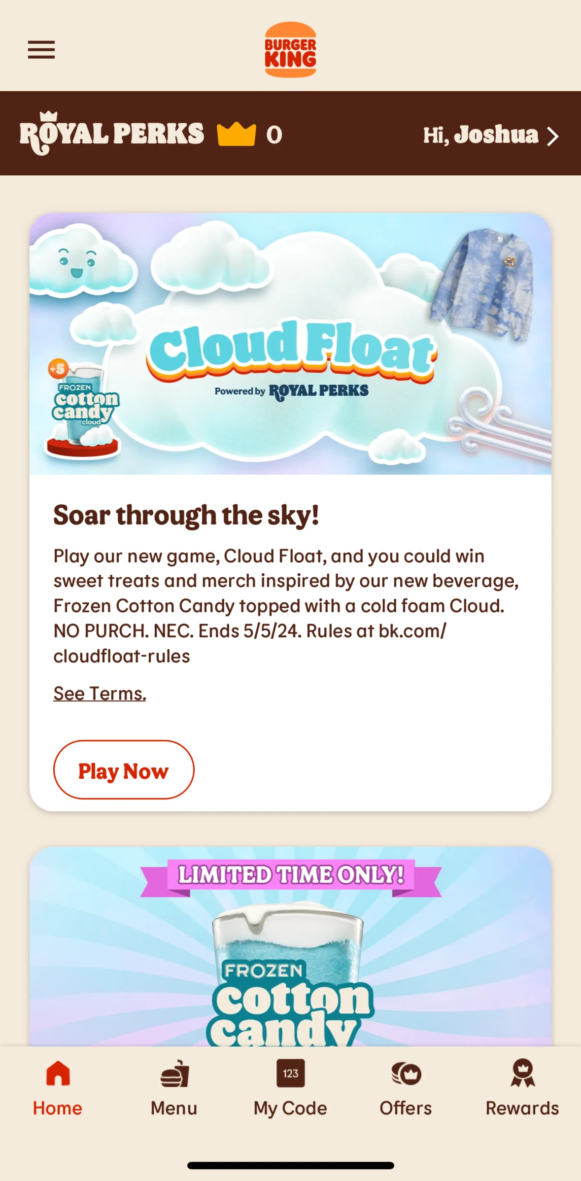 Burger King Screen screen in the Playing a game (Cloud Float) flow