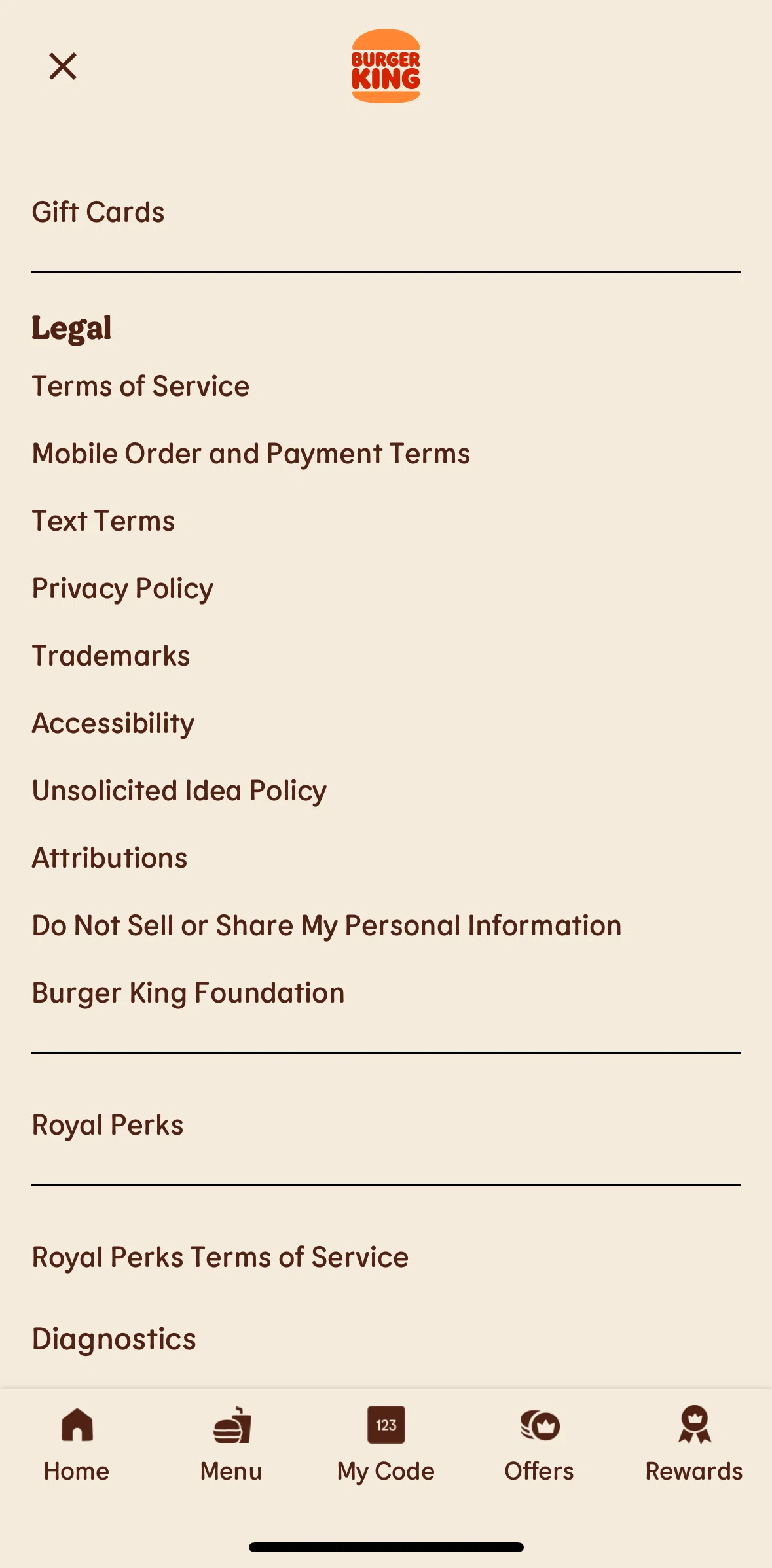 Burger King Screen screen in the Privacy policy flow