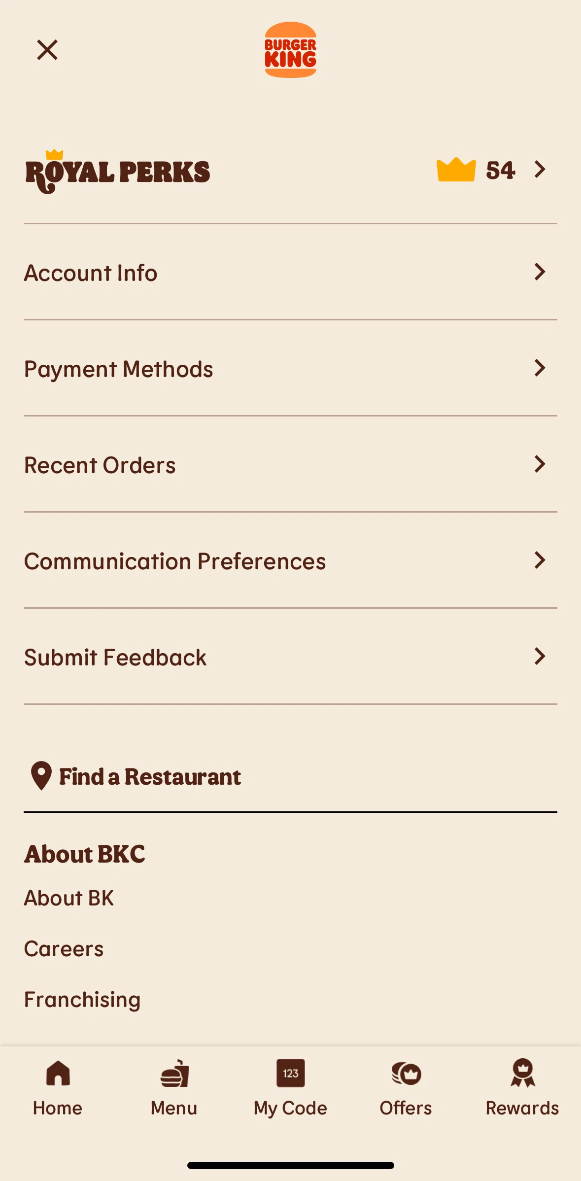 Burger King Screen screen in the Recent orders flow