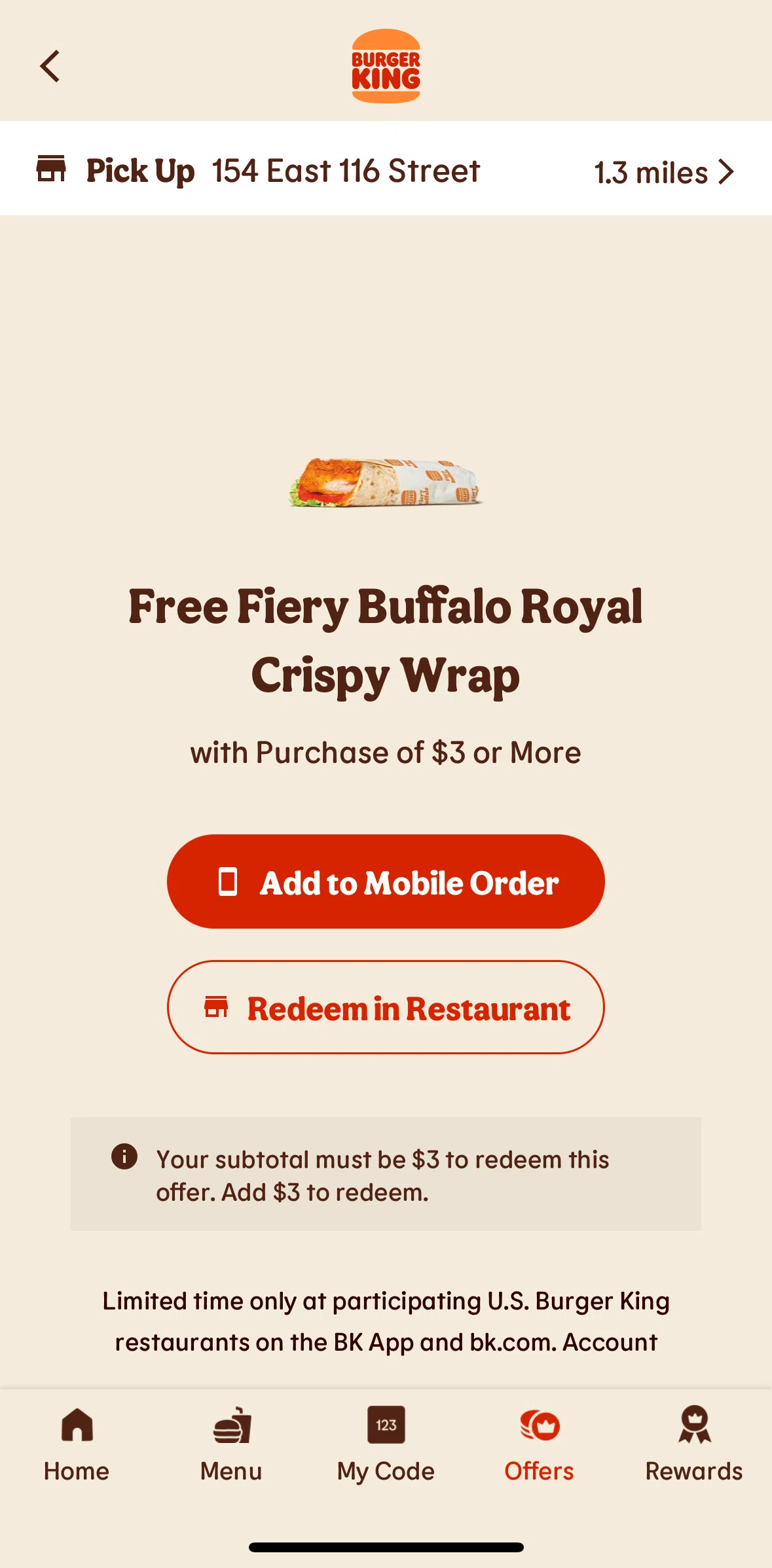Burger King Screen screen in the Redeem offer flow