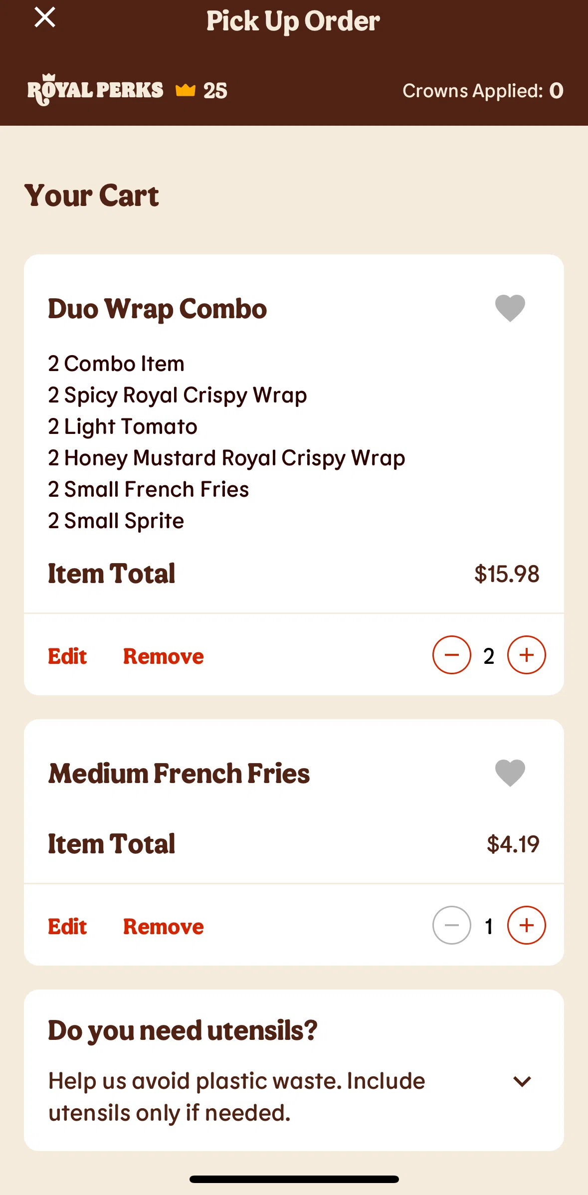 Burger King Screen screen in the Removing an item from cart flow