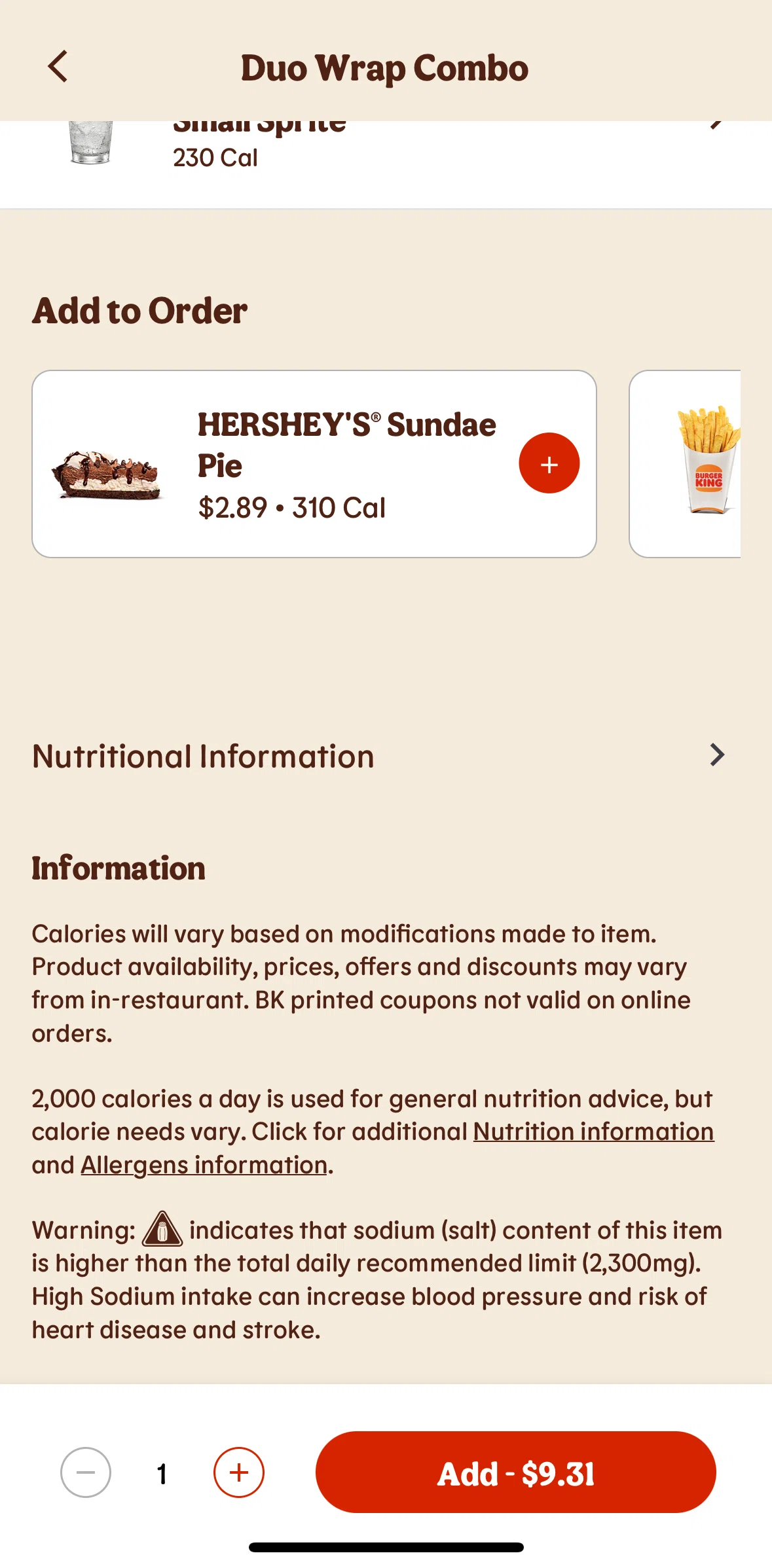 Burger King Screen screen in the View nutritional information flow