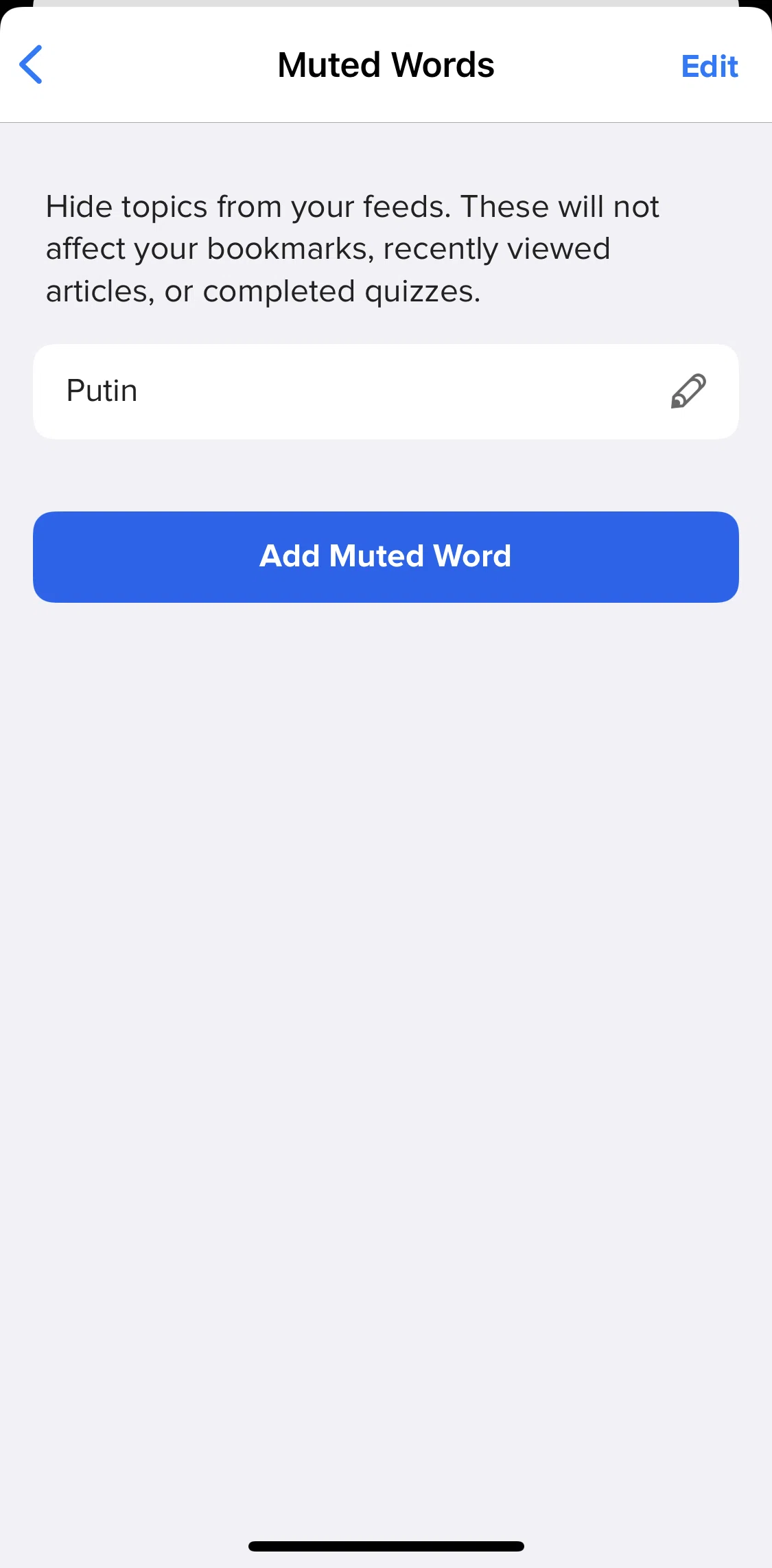 BuzzFeed Screen screen in the Deleting a muted word flow