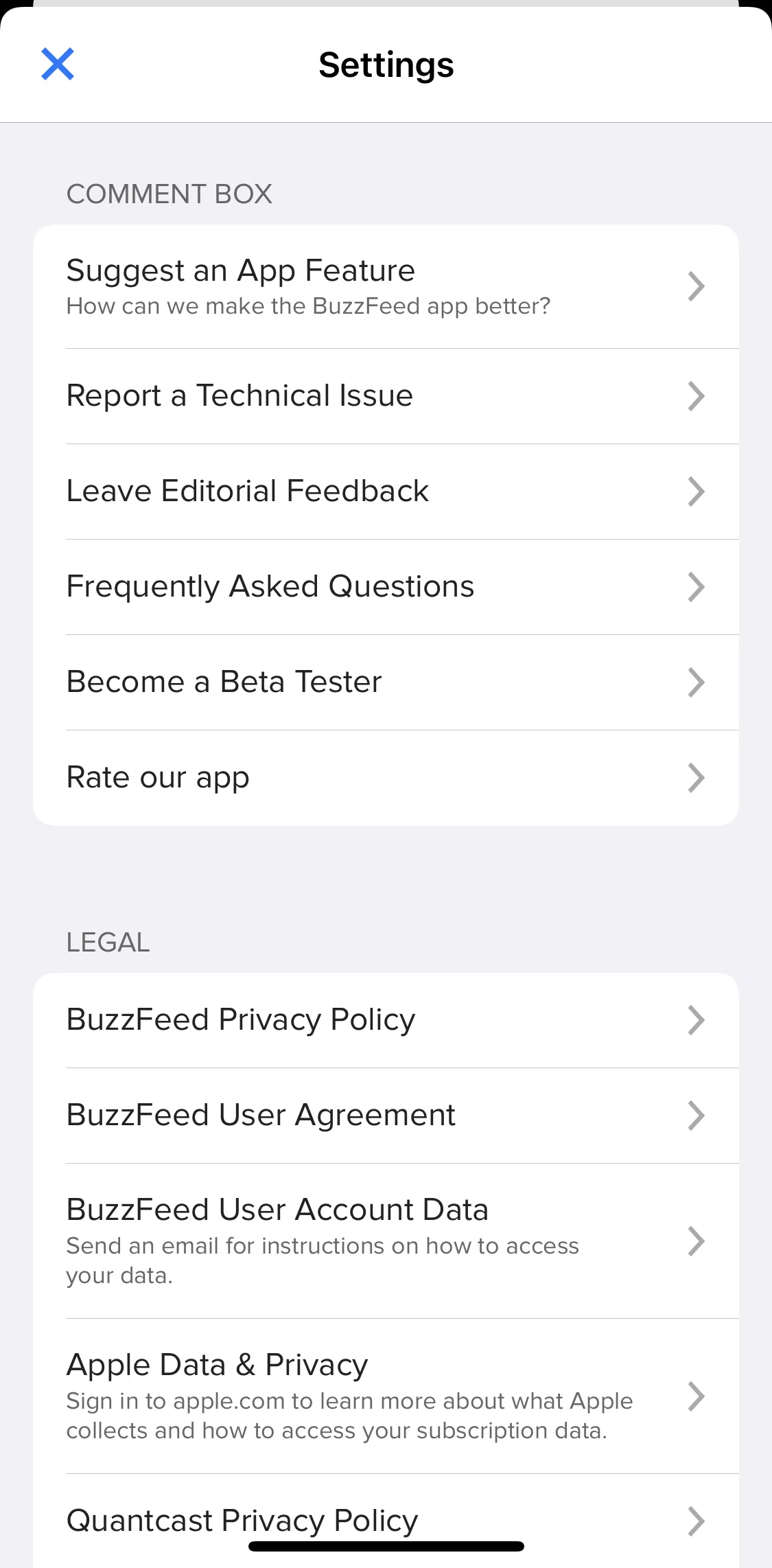 BuzzFeed Screen screen in the FAQ flow