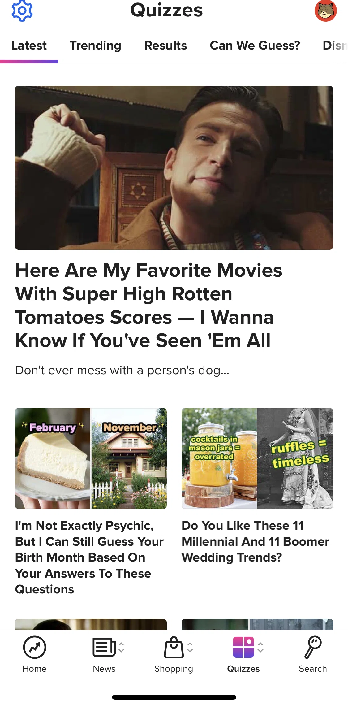 BuzzFeed Screen screen in the Quizzes flow