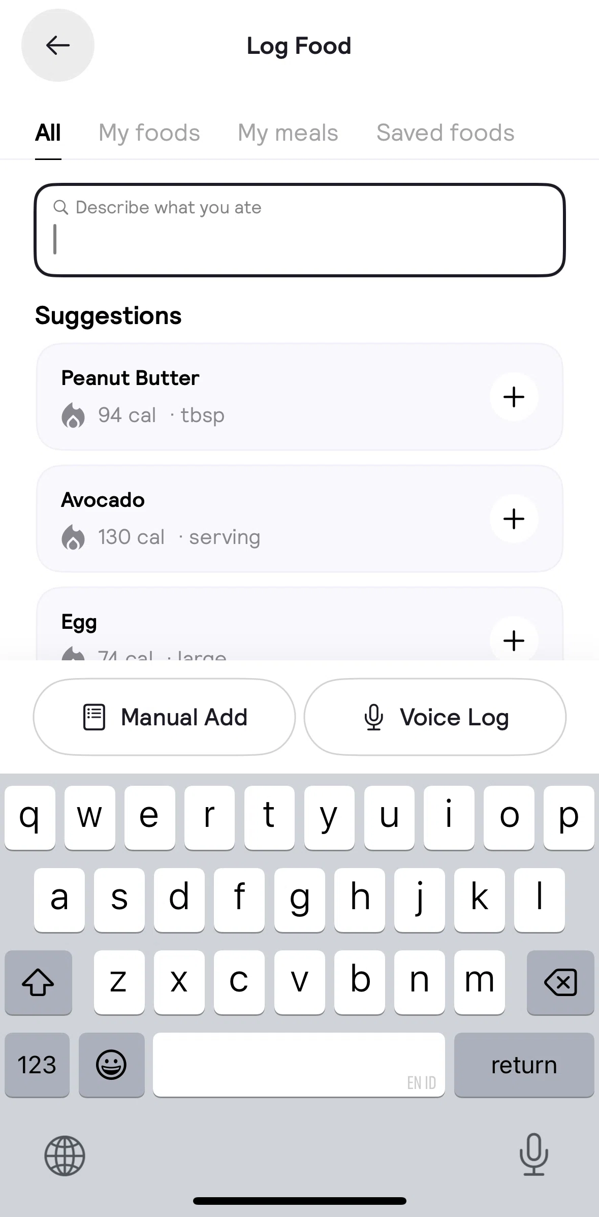 Cal AI Screen screen in the Adding a custom food flow