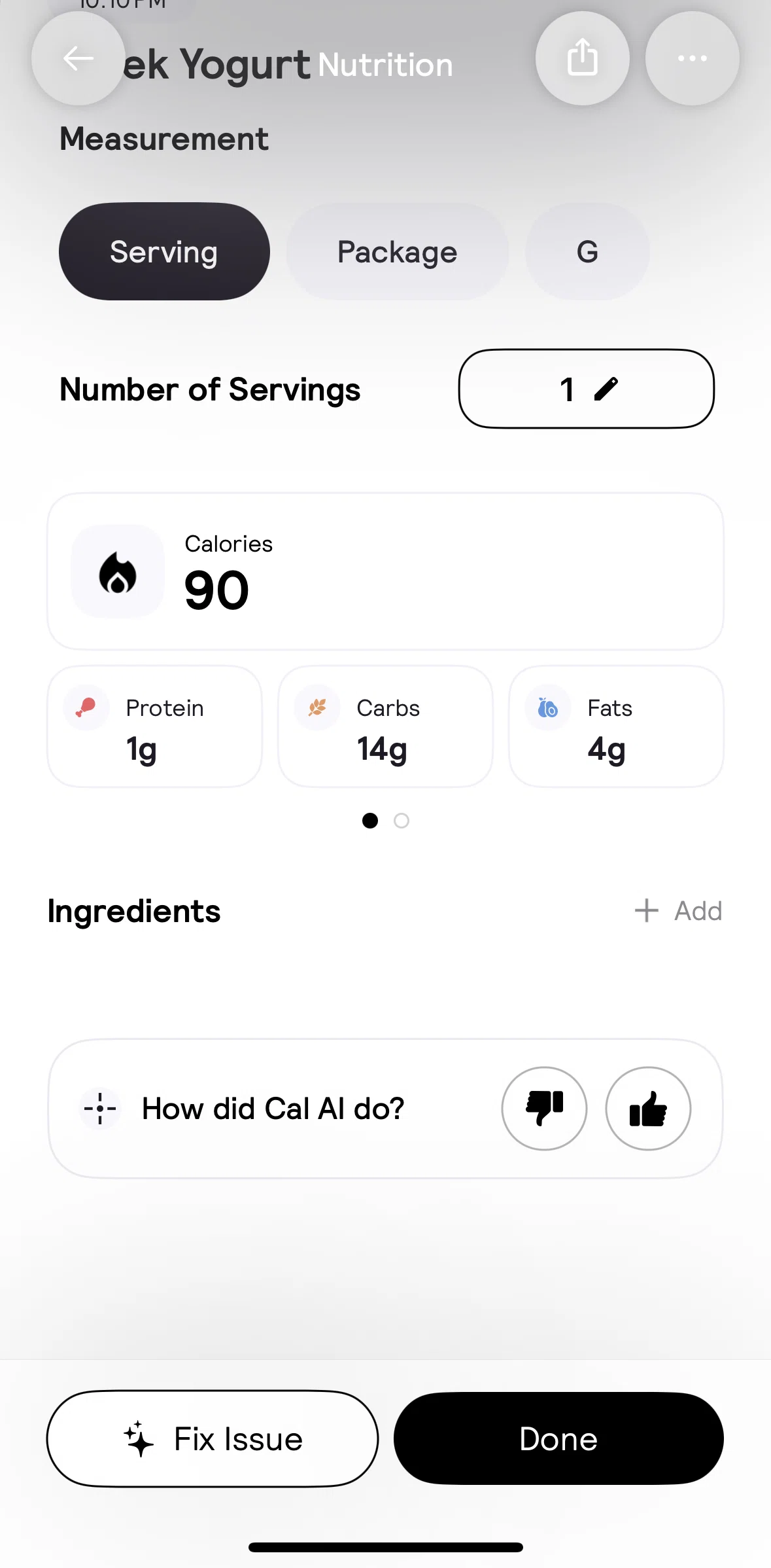 Cal AI Screen screen in the Adding an ingredient flow