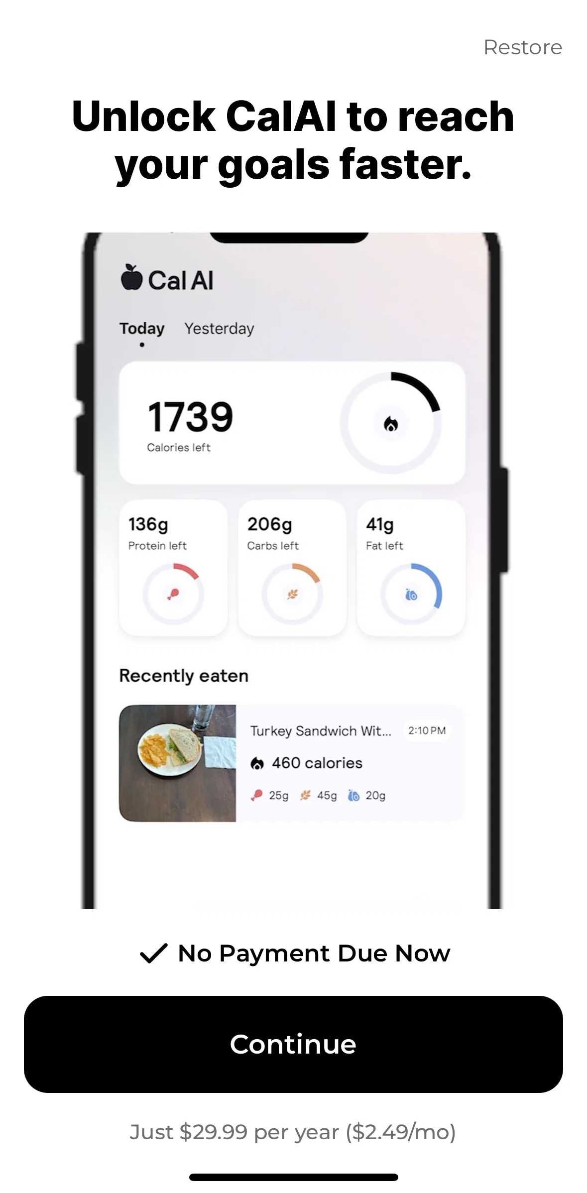 Cal AI Screen screen in the Subscribing to CalAI flow