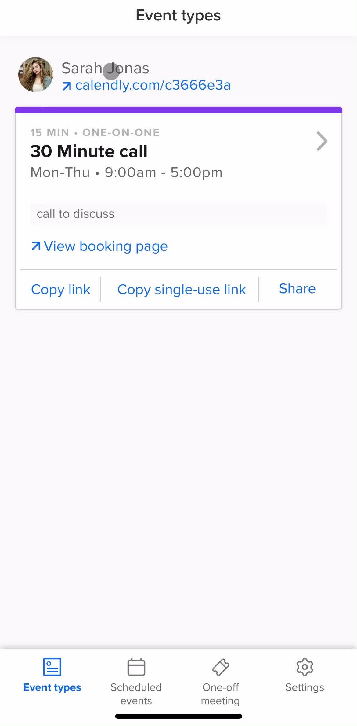 Calendly Home screen in the Creating An Event Type flow