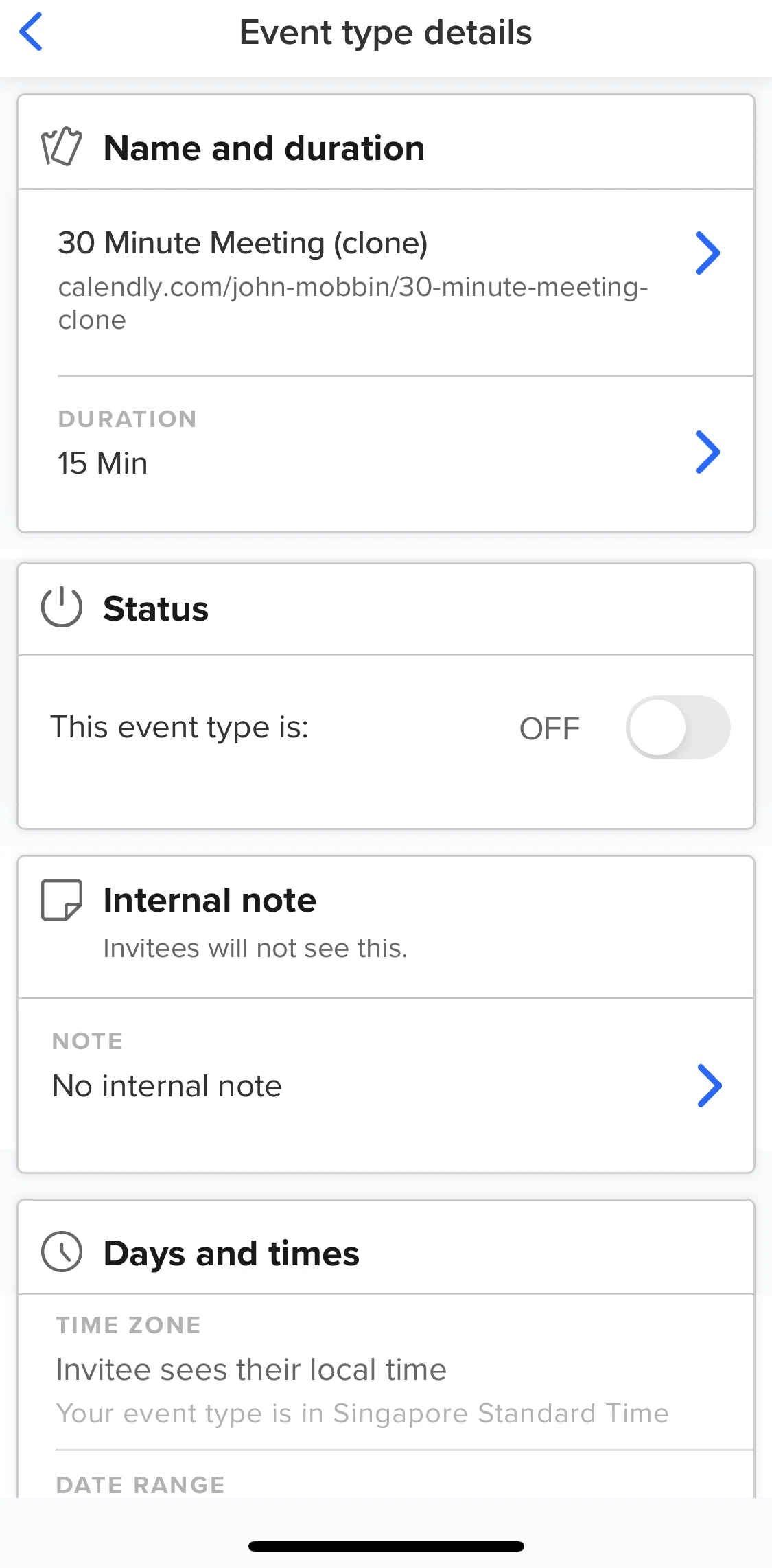 Calendly Screen screen in the Editing an internal note flow