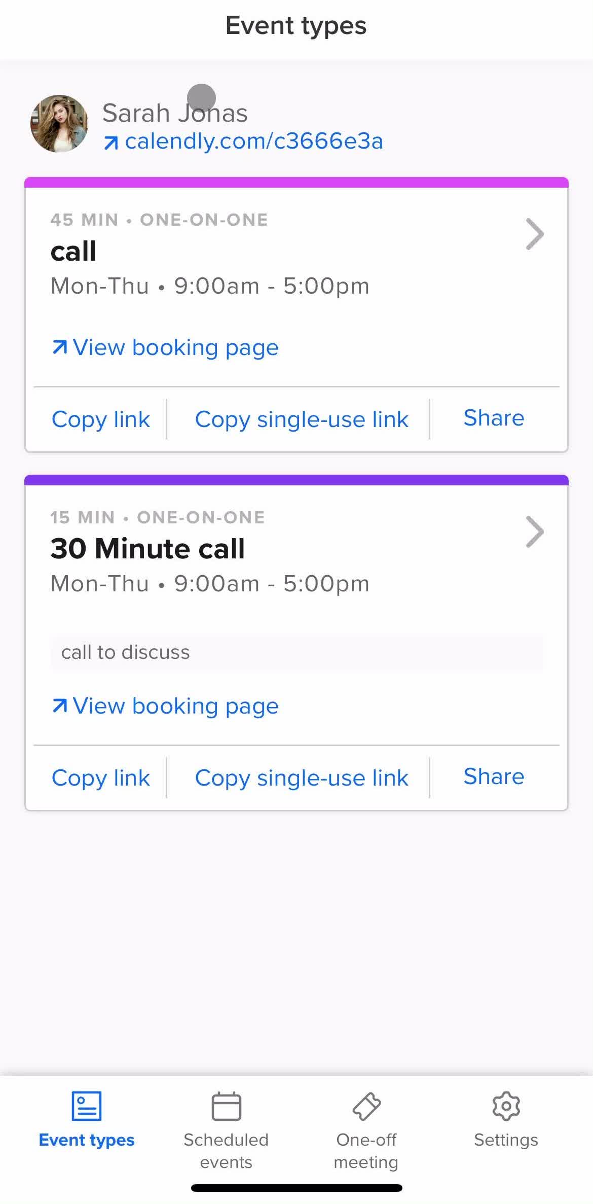 Calendly Home screen in the General Browsing flow