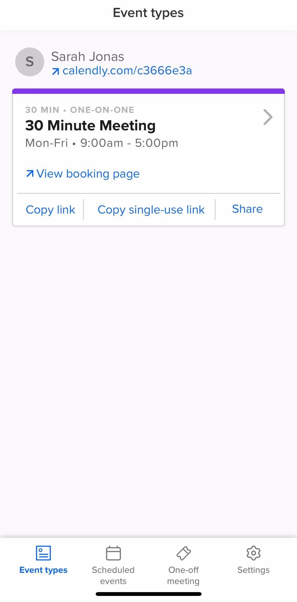 Calendly Home screen in the Logging Out flow