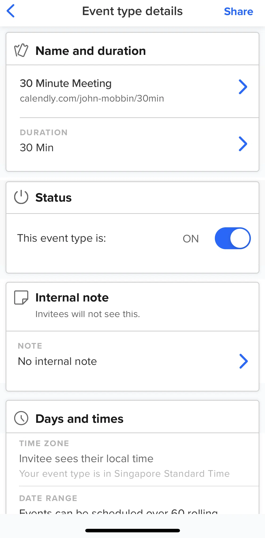 Calendly Screen screen in the Renaming an event type flow