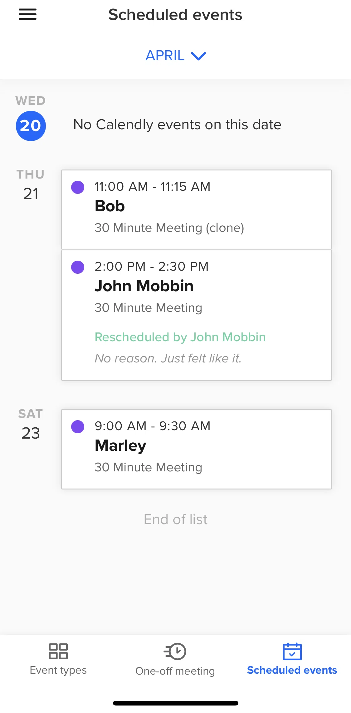 Calendly Screen screen in the Rescheduling an event flow