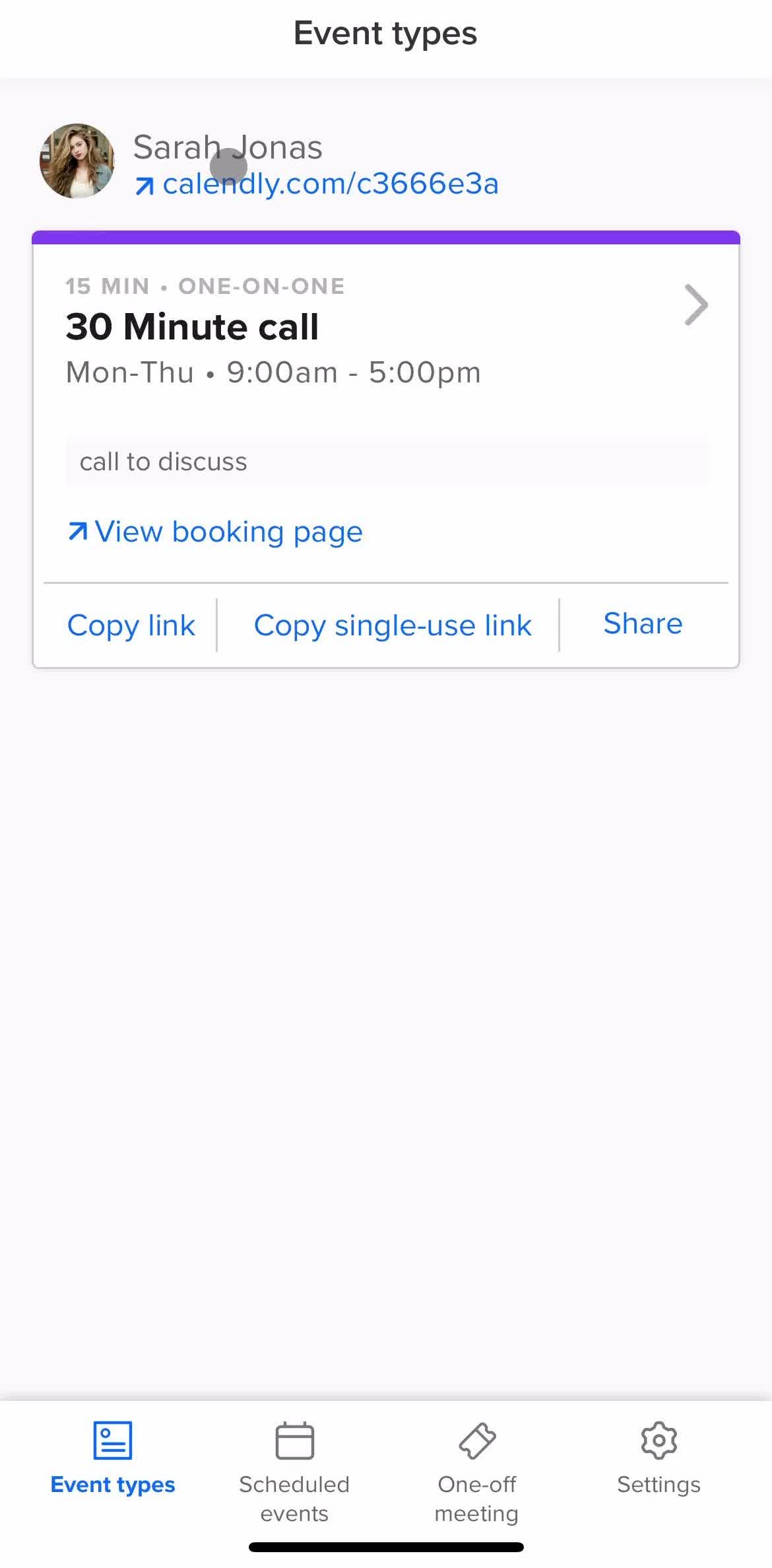 Calendly Home screen in the Scheduling A Meeting flow