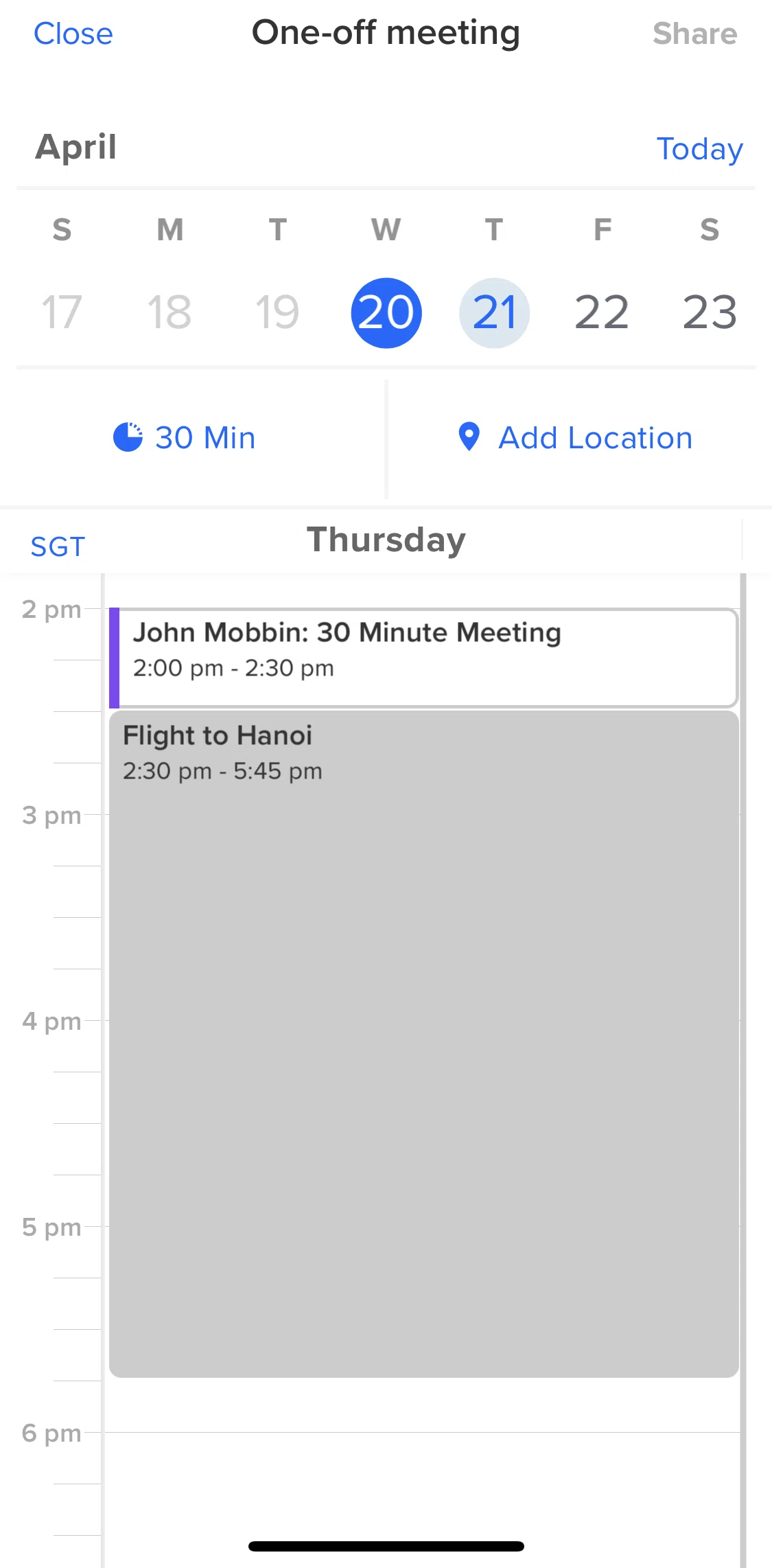 Calendly Screen screen in the Scheduling an event (one-off meeting) flow