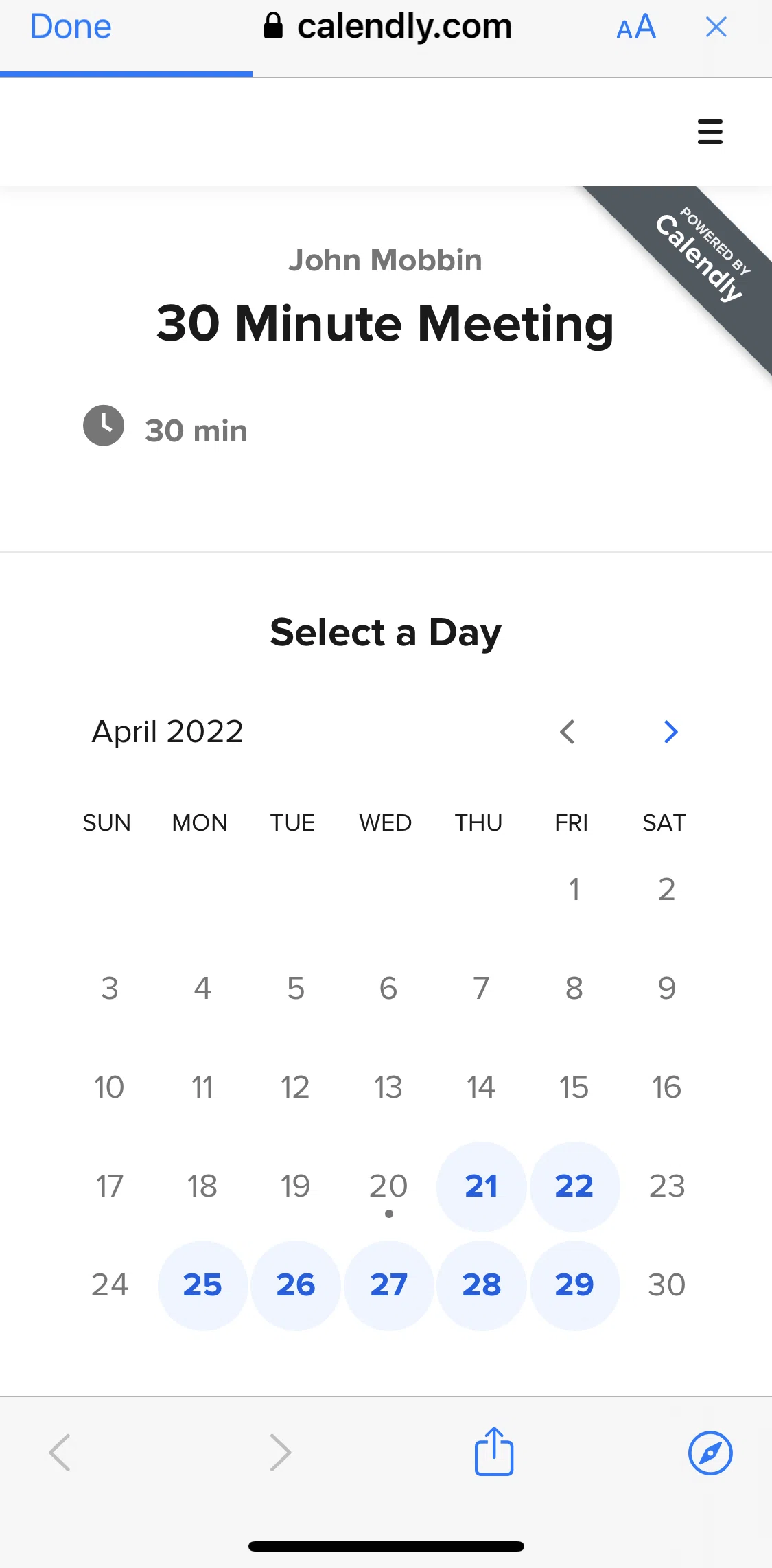 Calendly Screen screen in the Scheduling an event flow