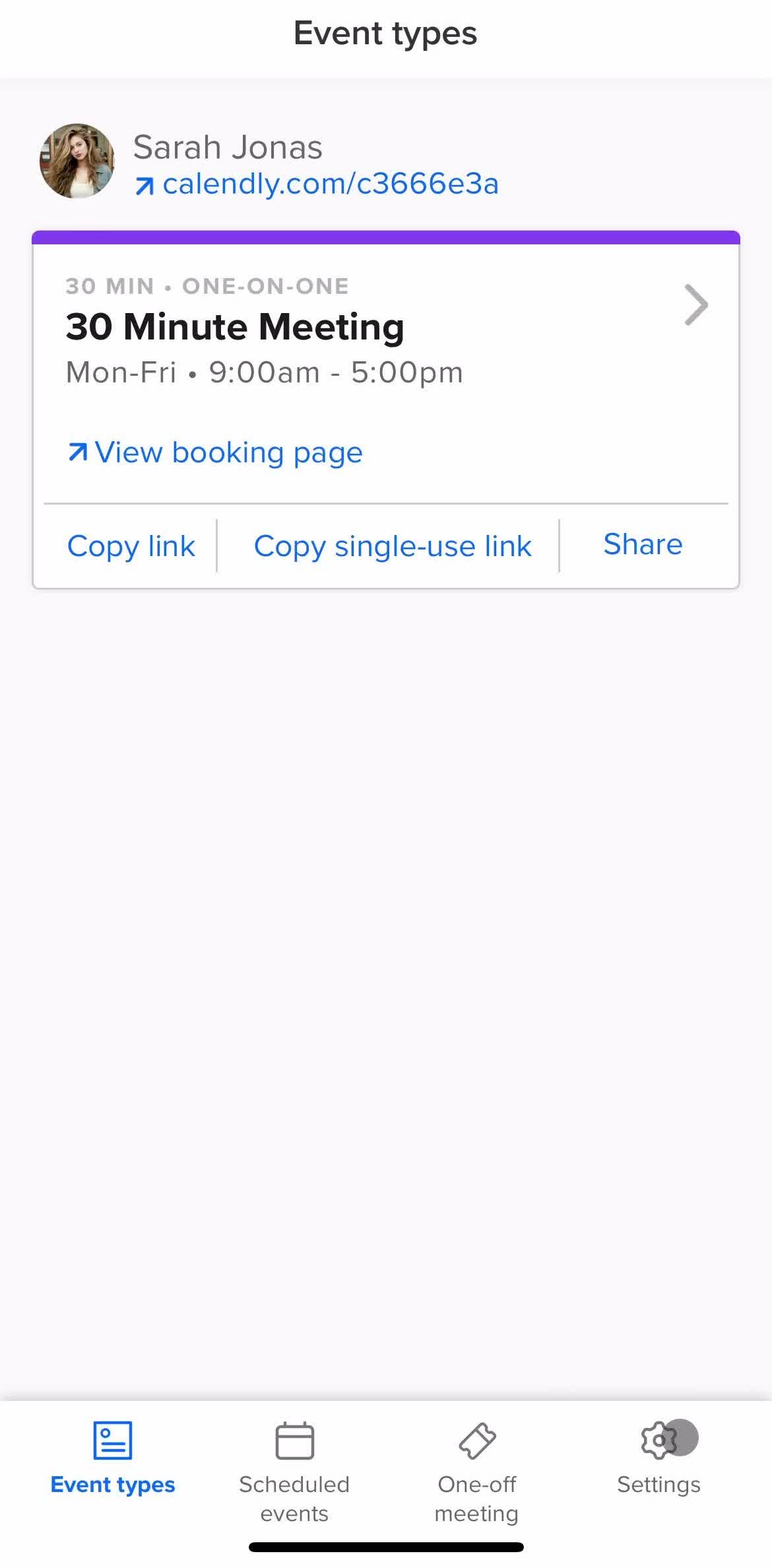 Calendly Event types screen in the Settings flow