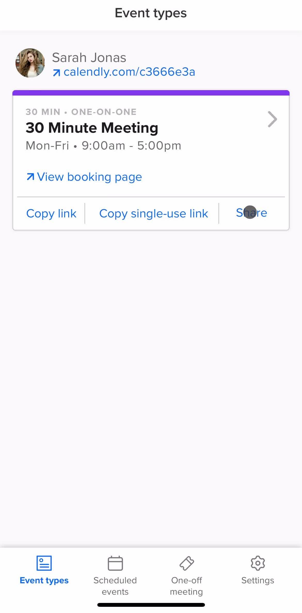 Calendly Home screen in the Sharing flow