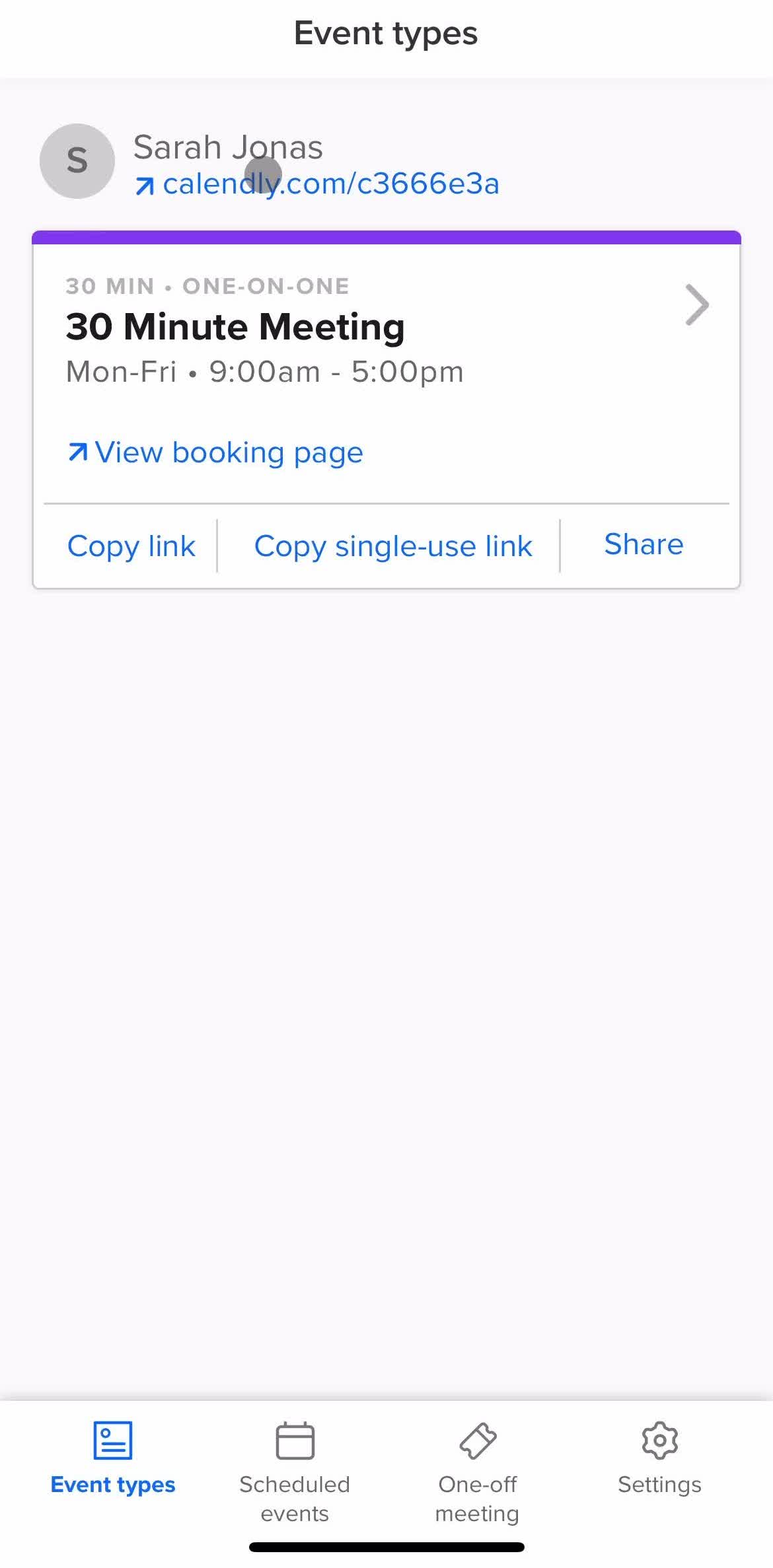 Calendly Home screen in the Updating Your Profile flow