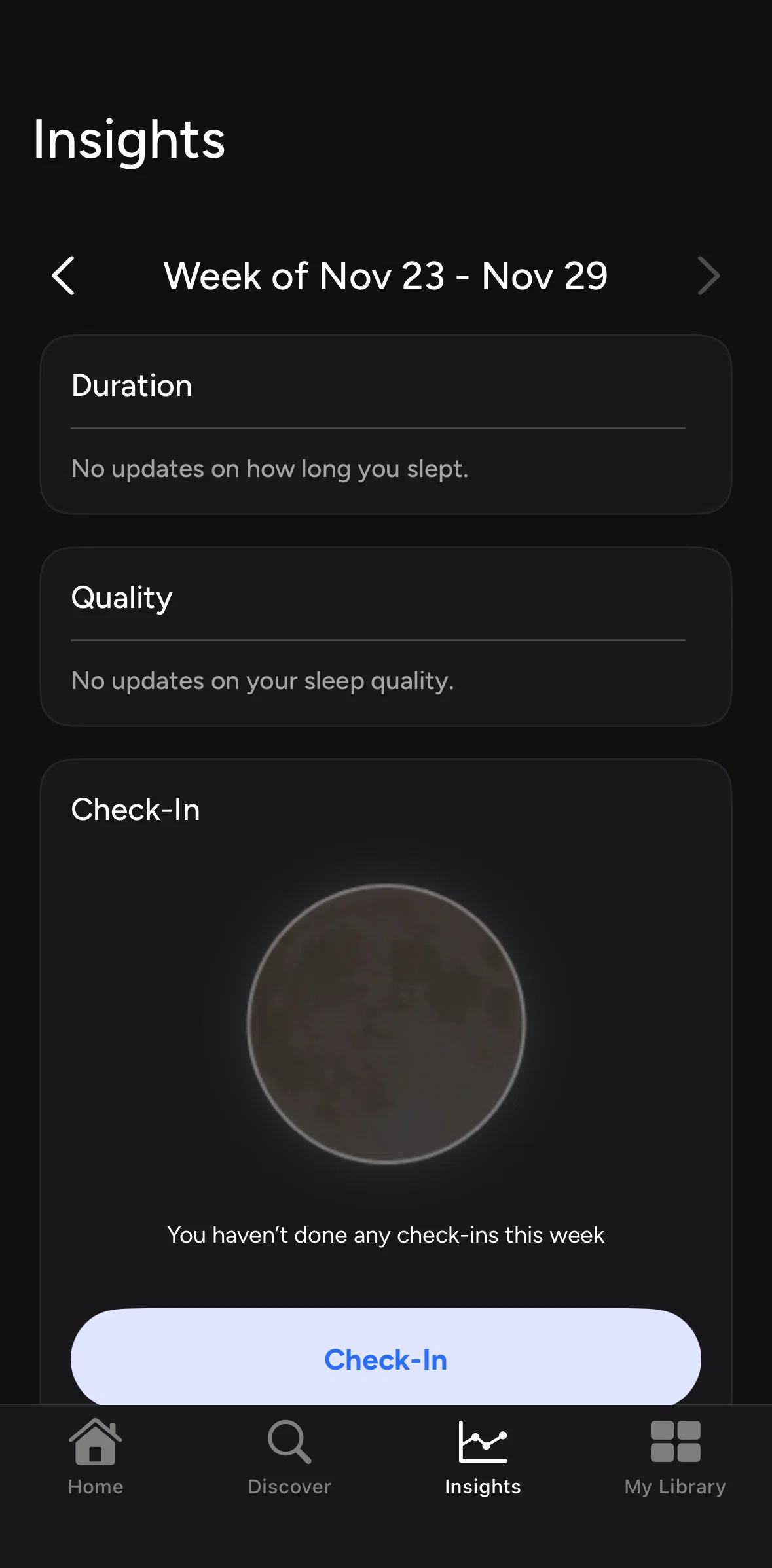 Calm Sleep Screen screen in the Completing a check in flow
