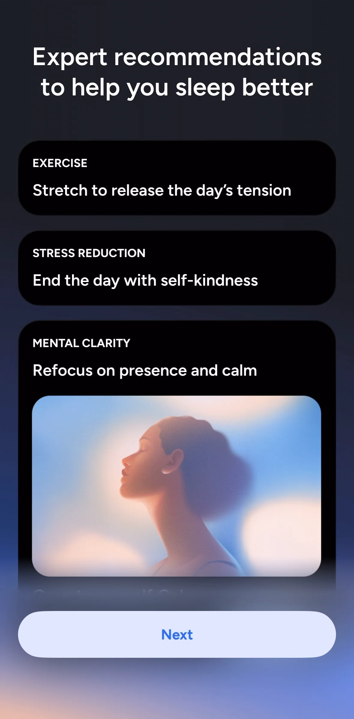 Calm Sleep Screen screen in the Completing a quiz flow