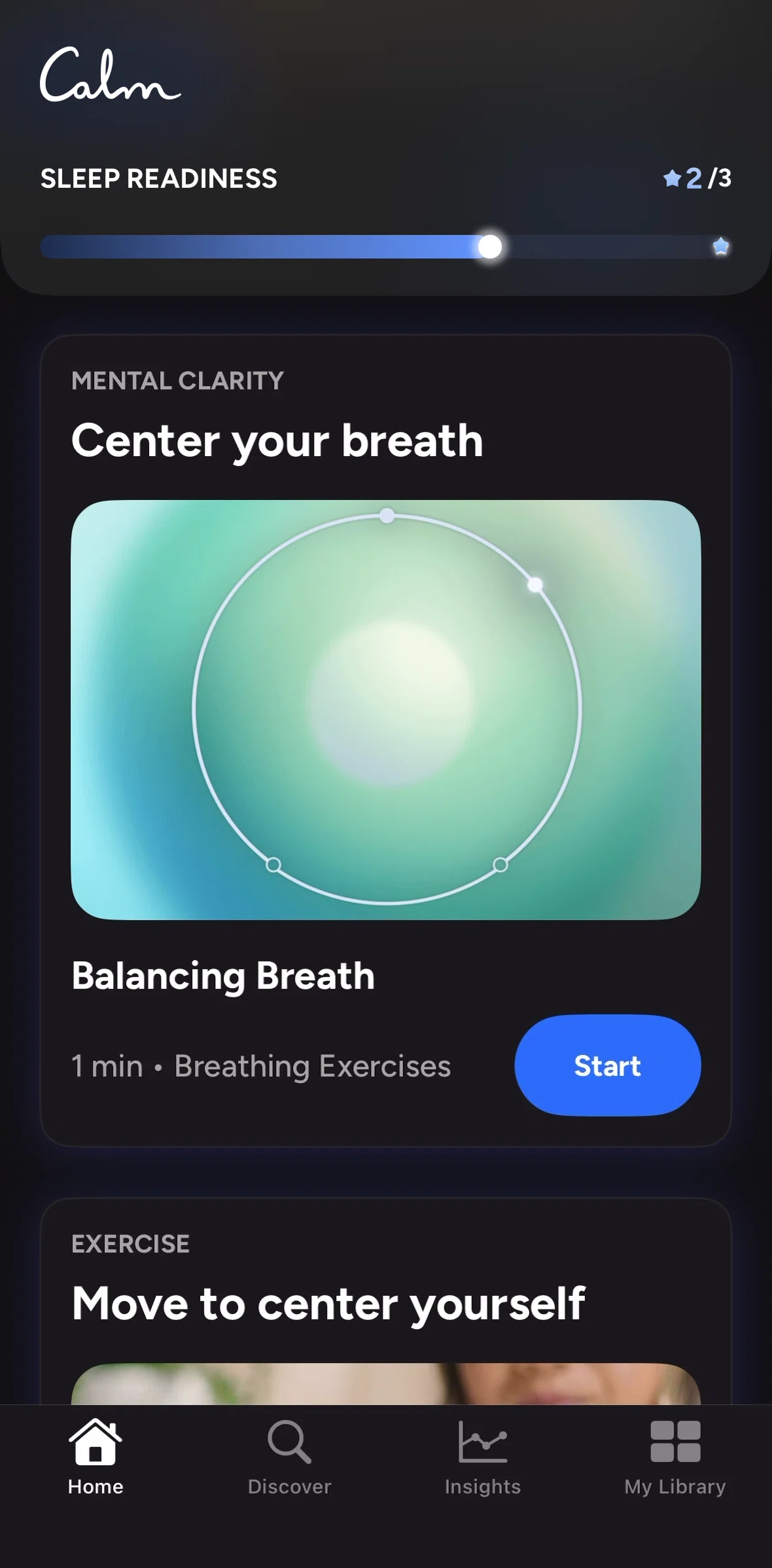 Calm Sleep Screen screen in the Completing a task (breathing exercise) flow