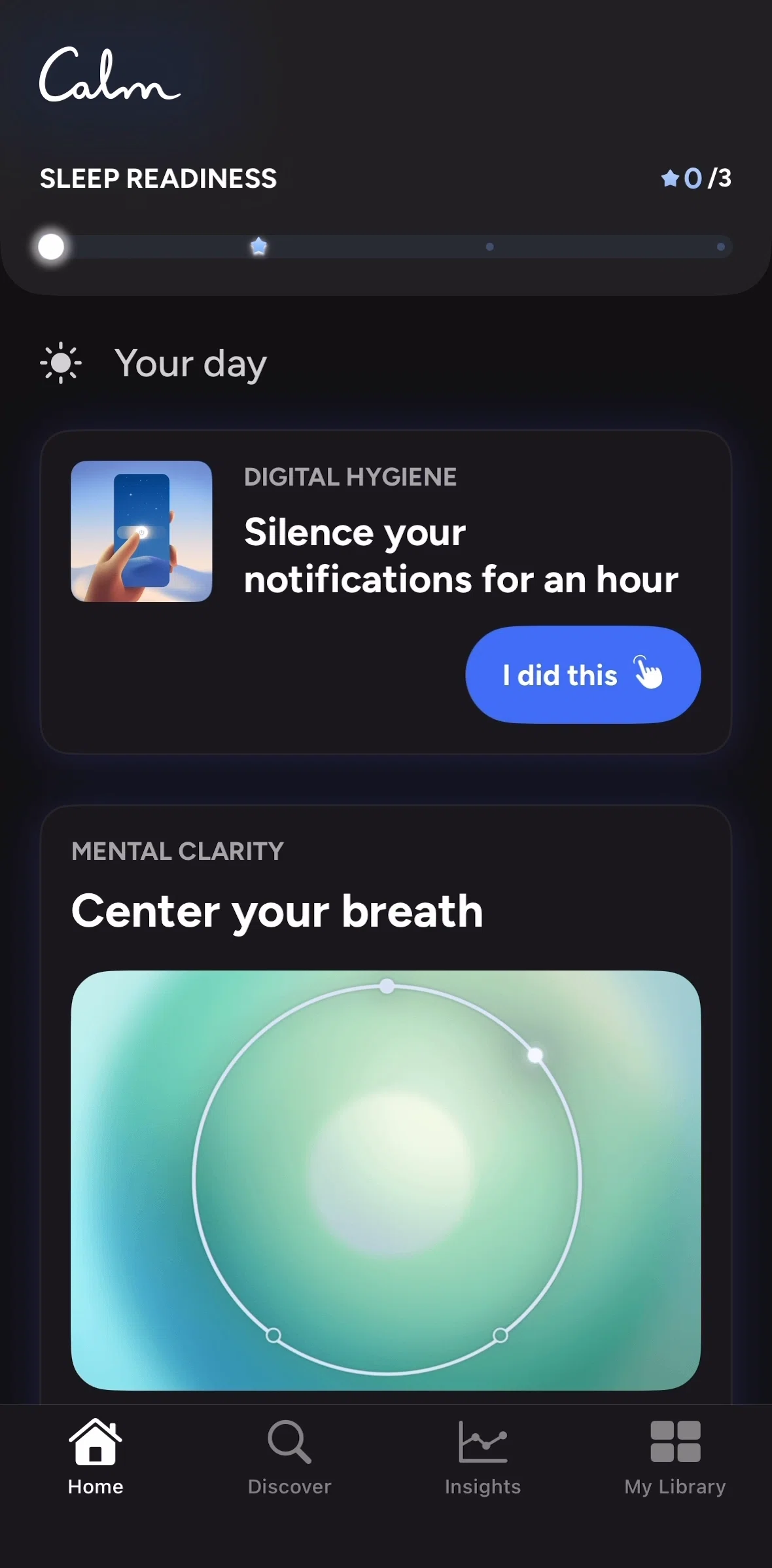 Calm Sleep Screen screen in the Completing a task flow