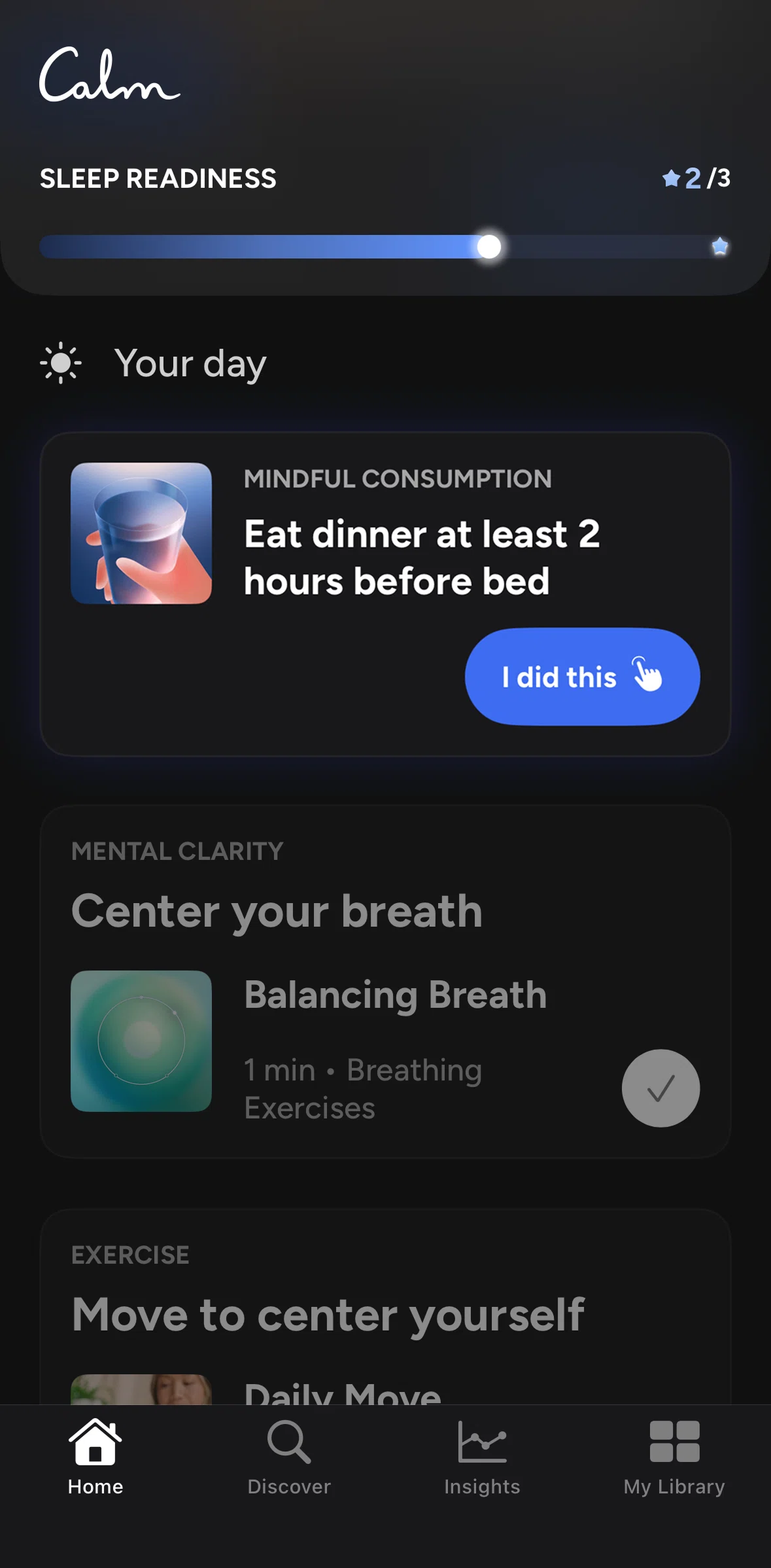 Calm Sleep Screen screen in the Completing sleep readiness flow