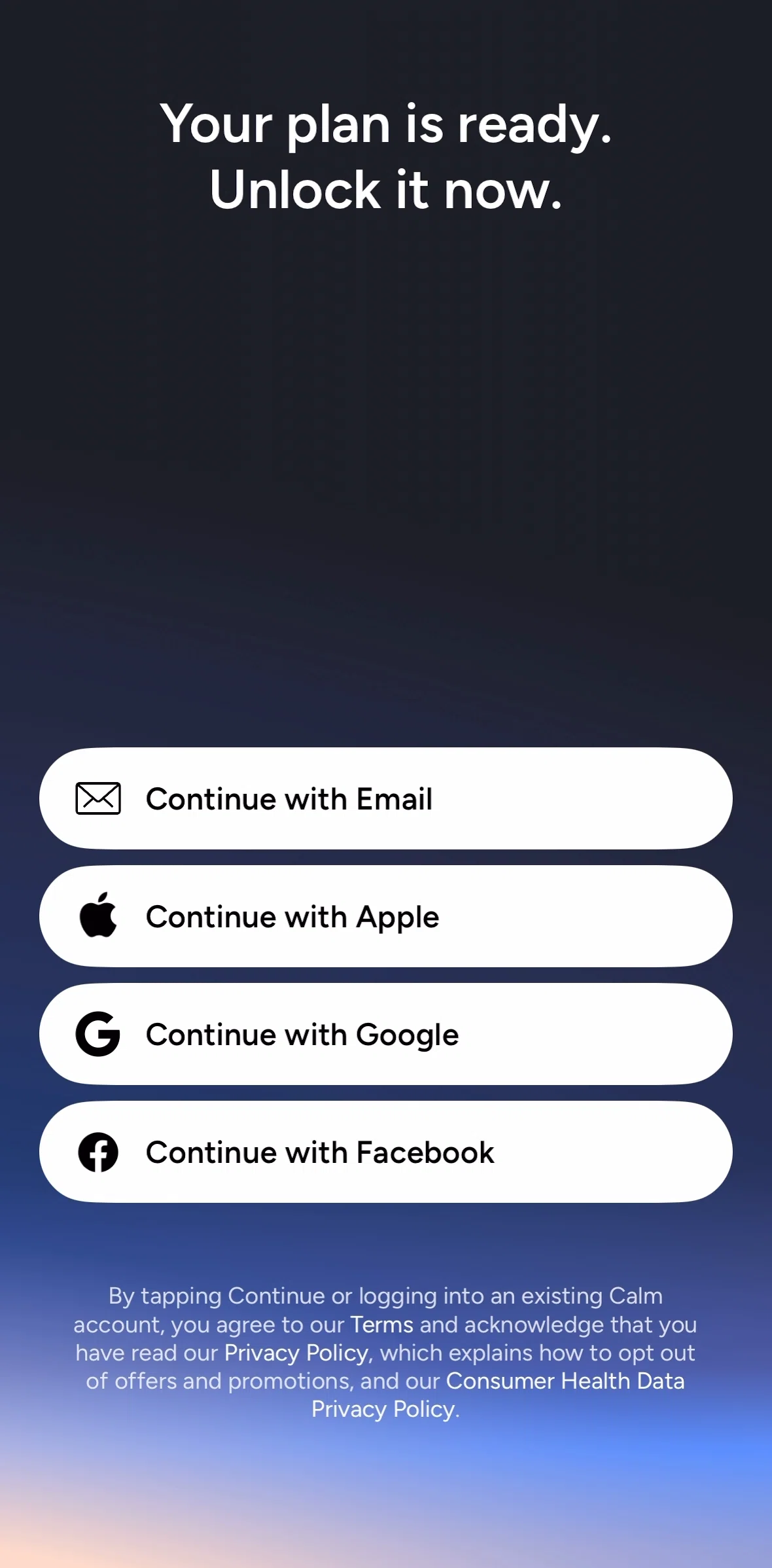 Calm Sleep Screen screen in the Creating an account flow