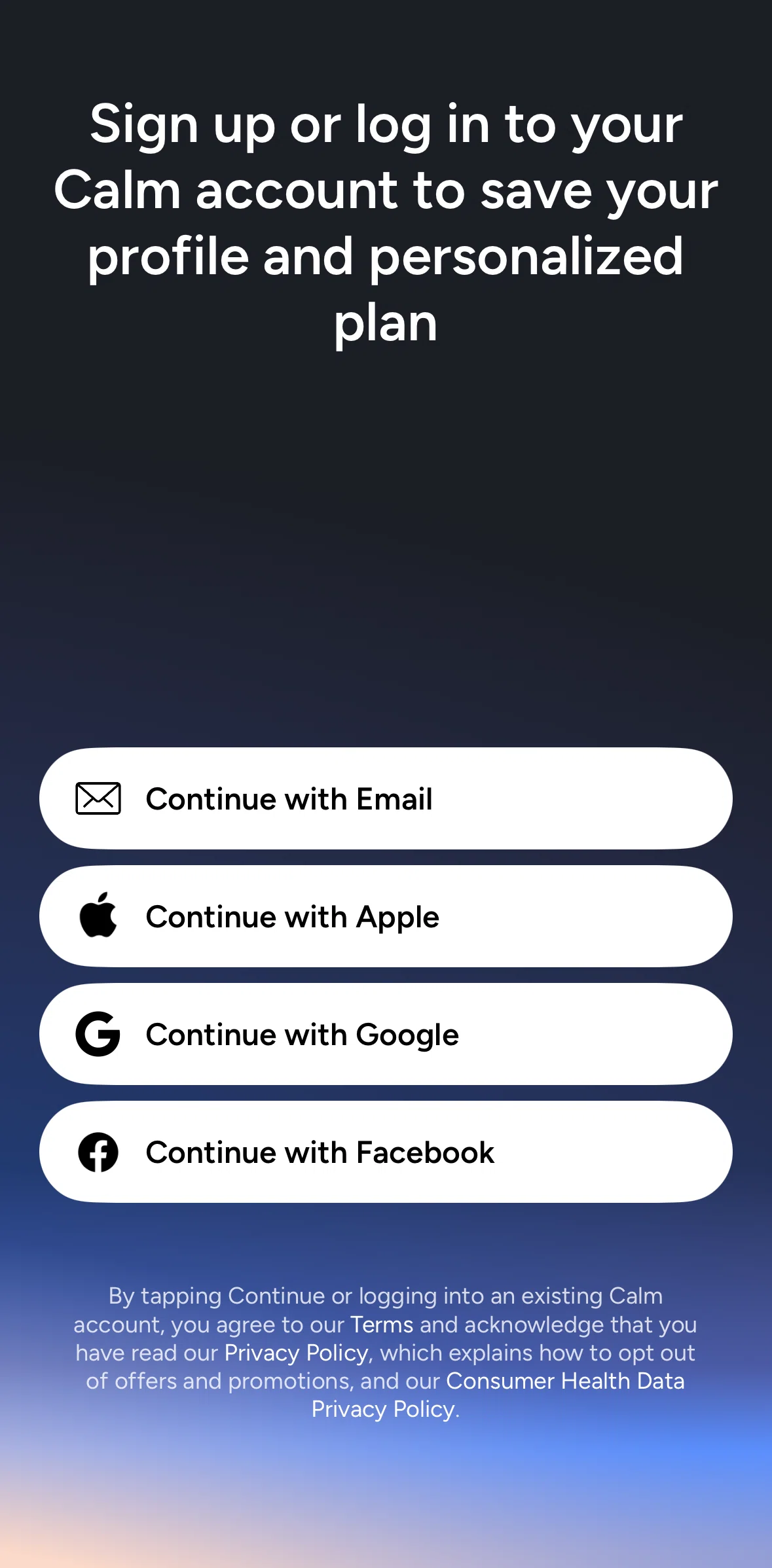 Calm Sleep Screen screen in the Logging in flow