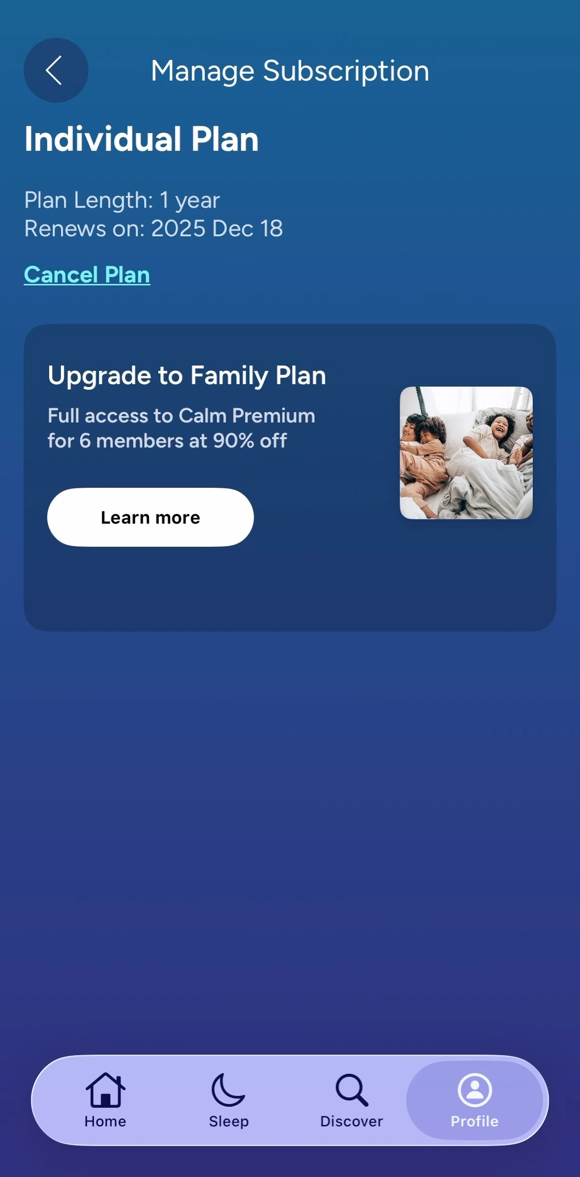 Calm Screen 1 screen in the Calm Family Plan flow