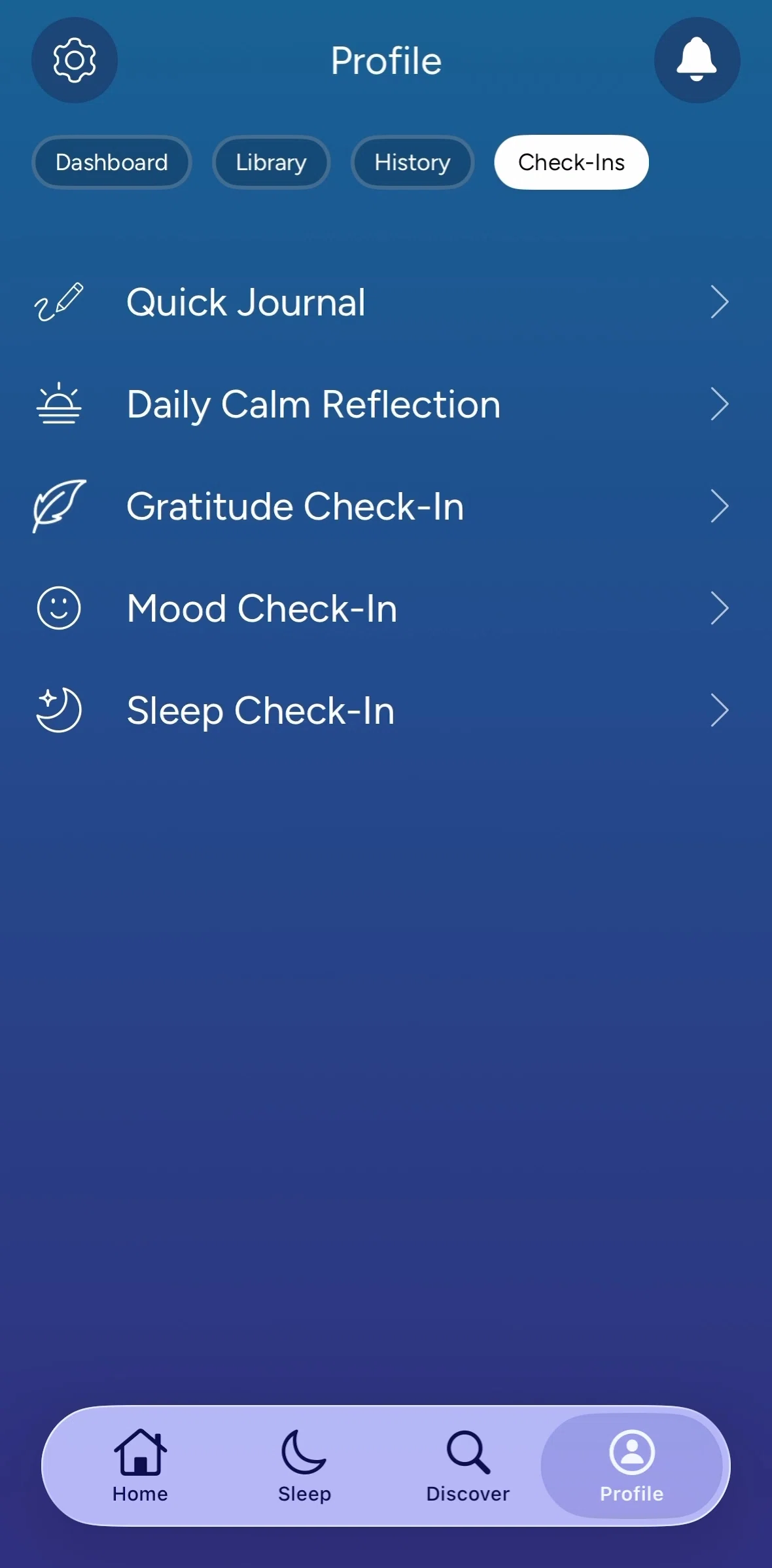 Calm Screen 1 screen in the Check ins flow