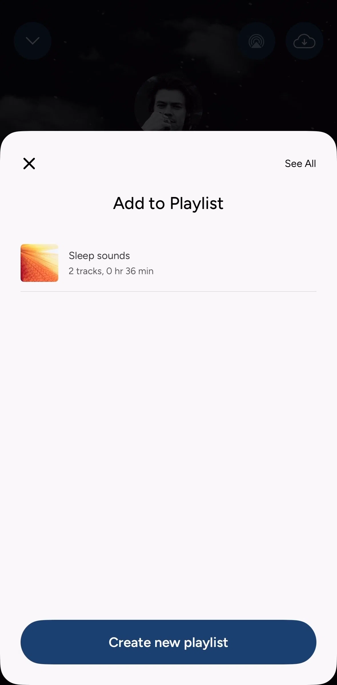 Calm Screen 1 screen in the Creating a playlist flow