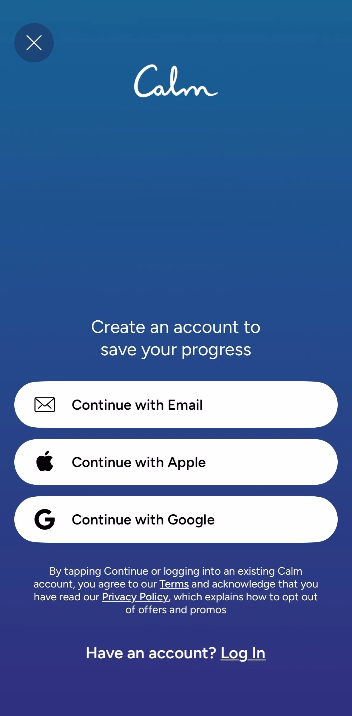 Calm Screen 1 screen in the Creating an account flow