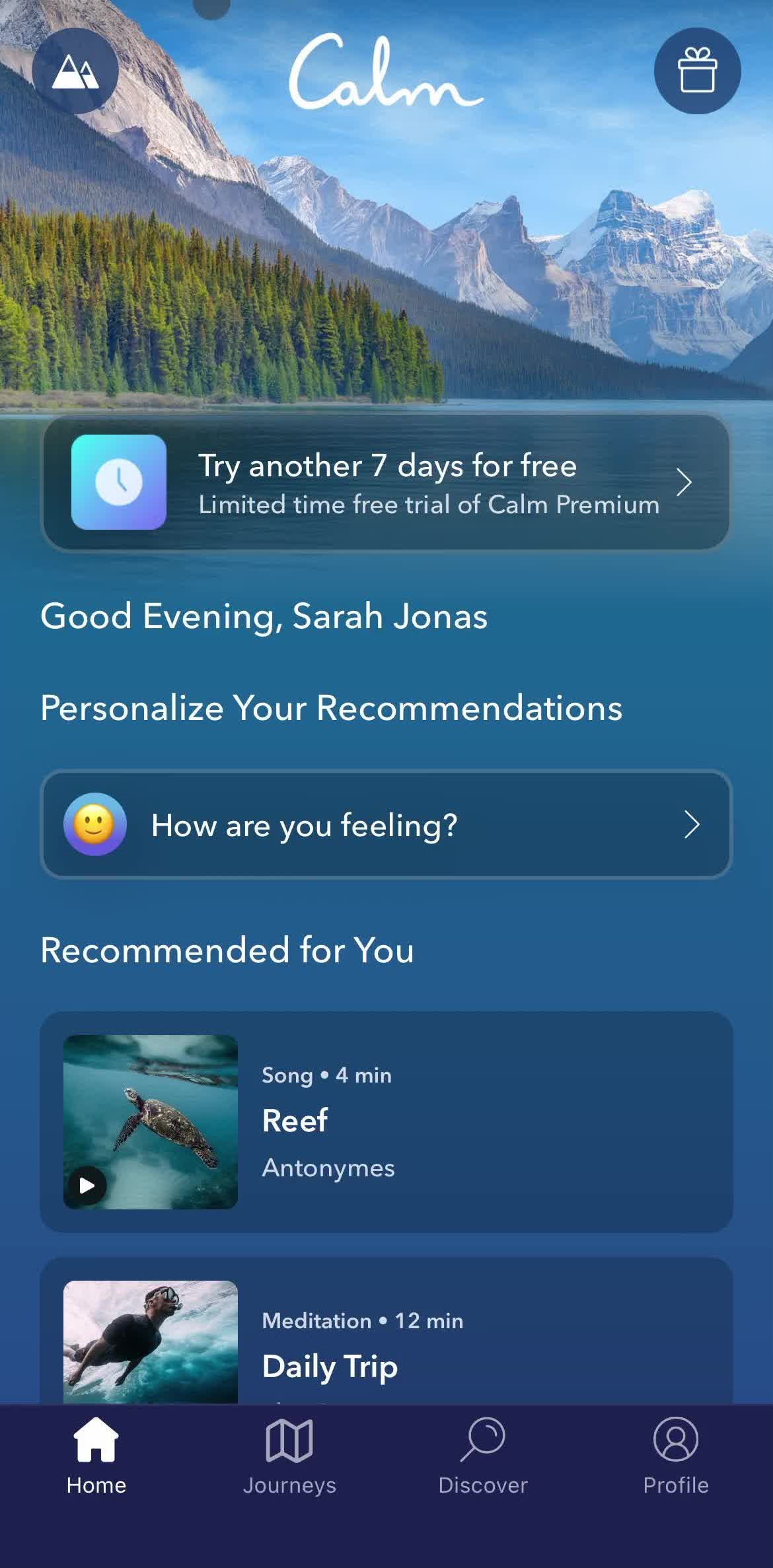 Calm Home screen in the Deleting Your Account flow