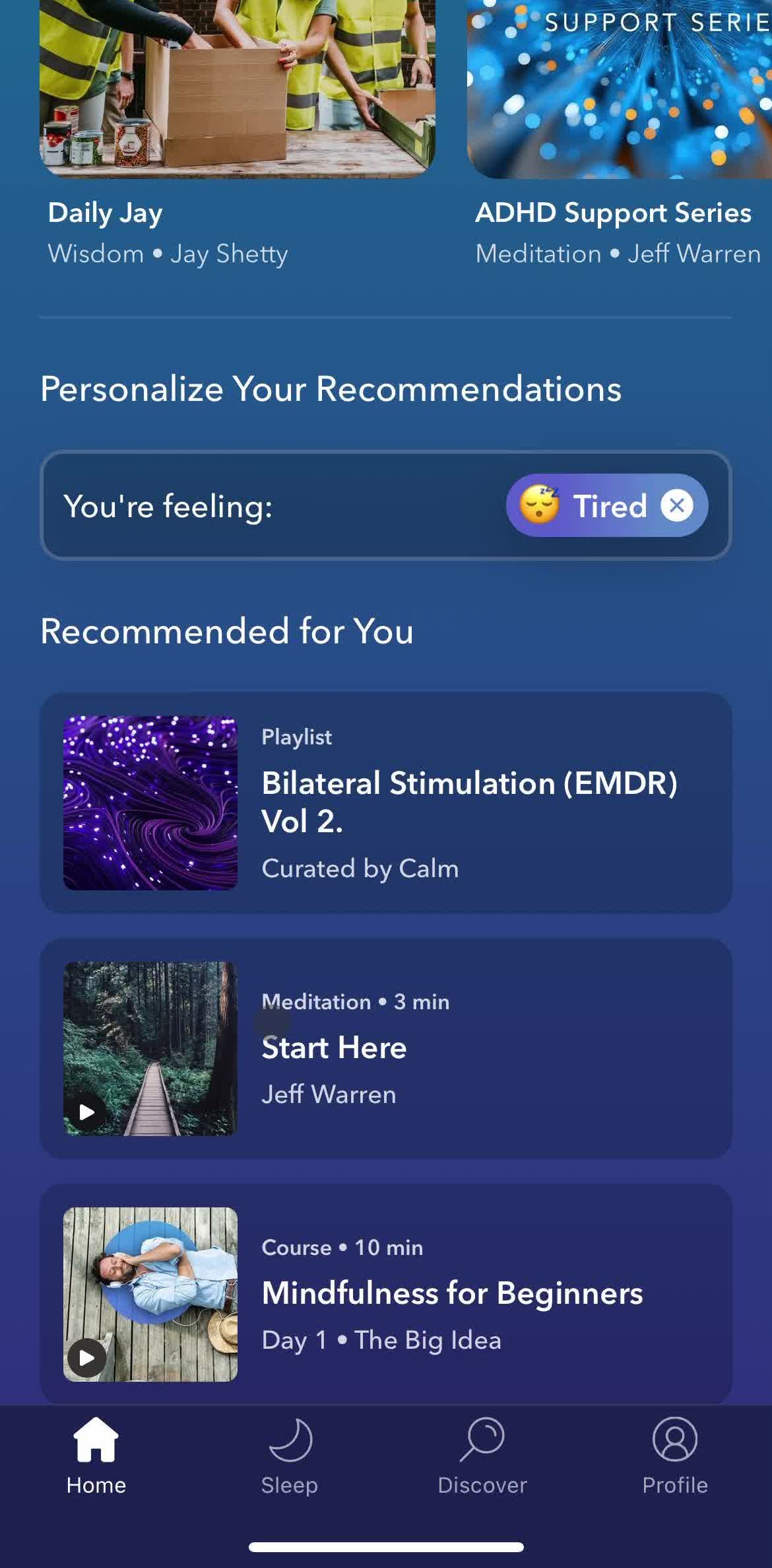 Calm Home screen in the Meditation flow