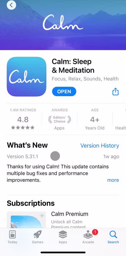 Calm App store listing screen in the Onboarding flow
