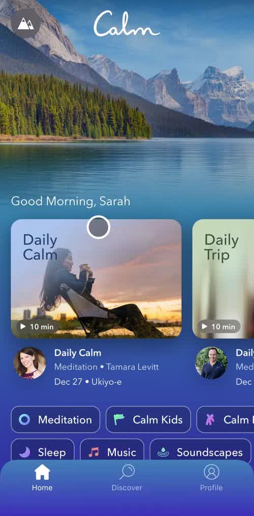Calm Home screen in the Reminders flow