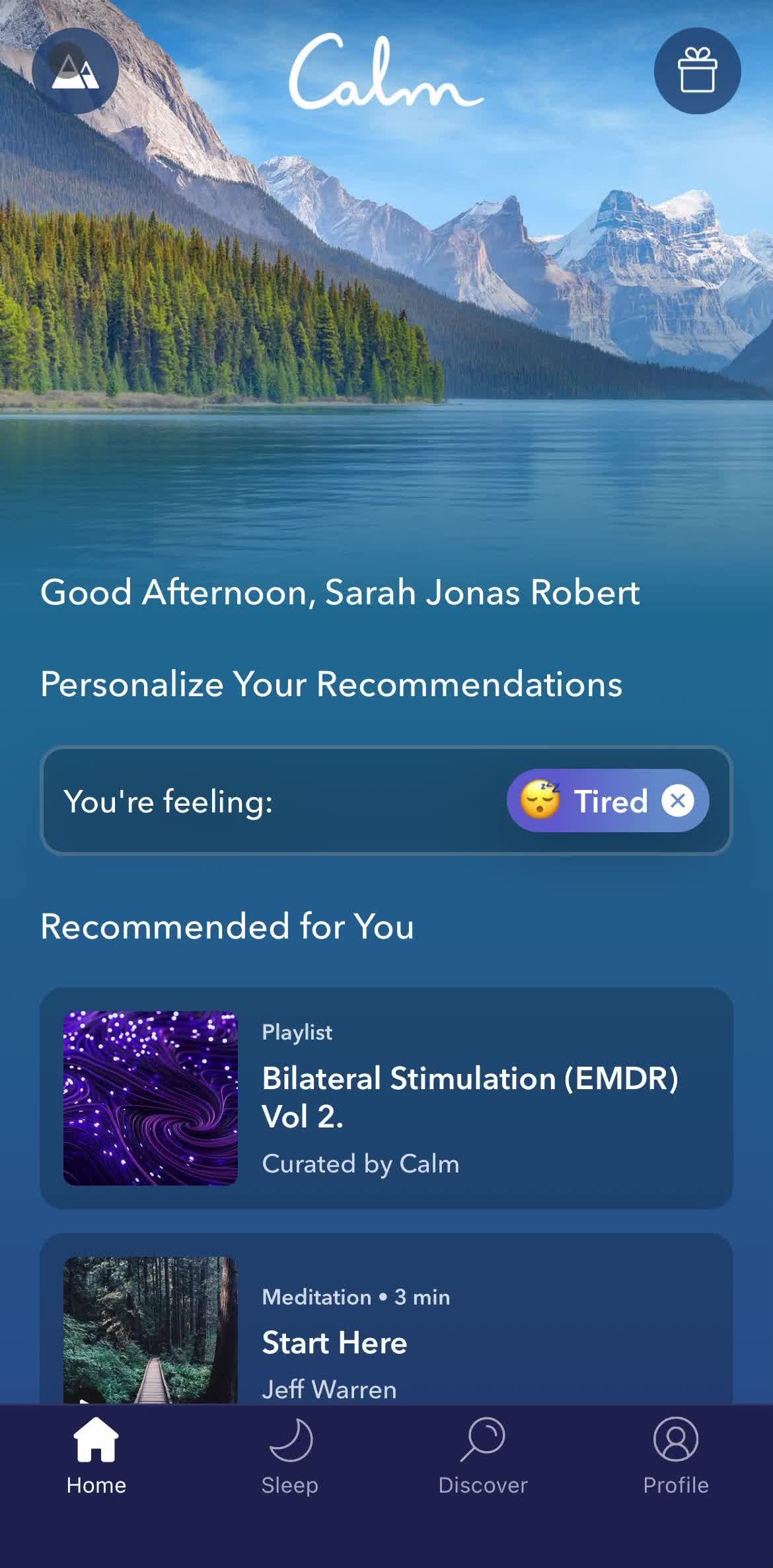 Calm Home screen in the Settings flow