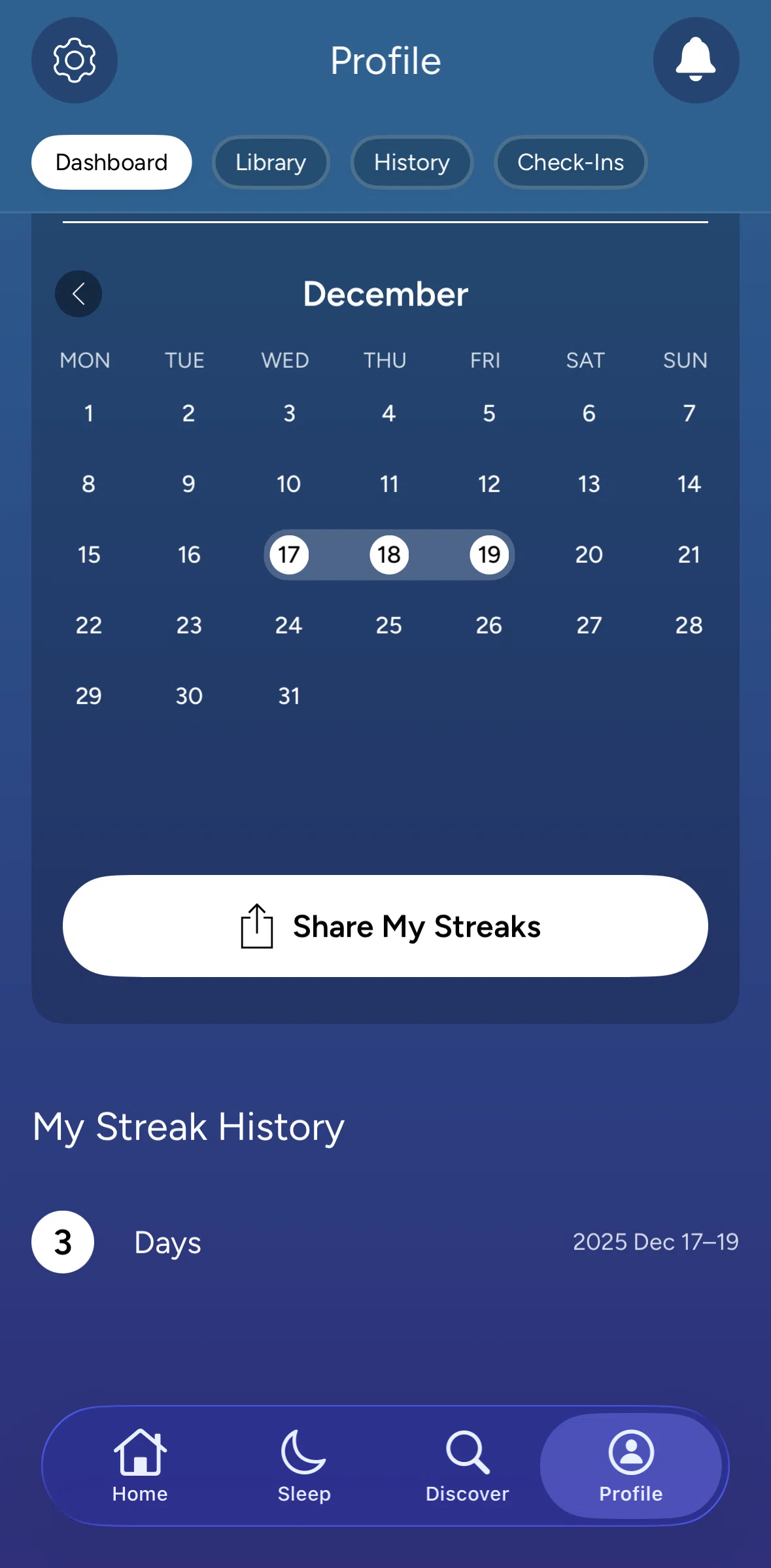 Calm Screen 1 screen in the Share streak flow
