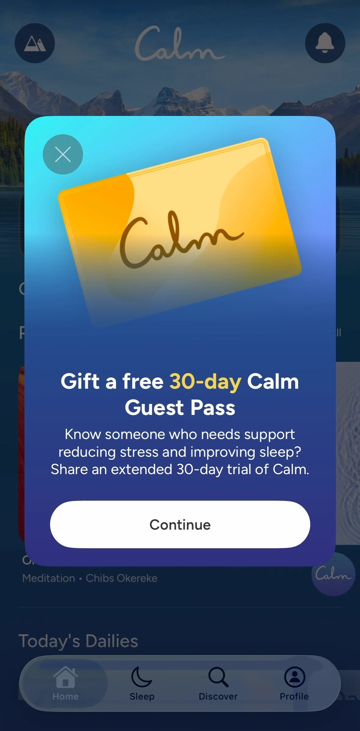 Calm Screen 1 screen in the Sharing Calm Guest Pass flow