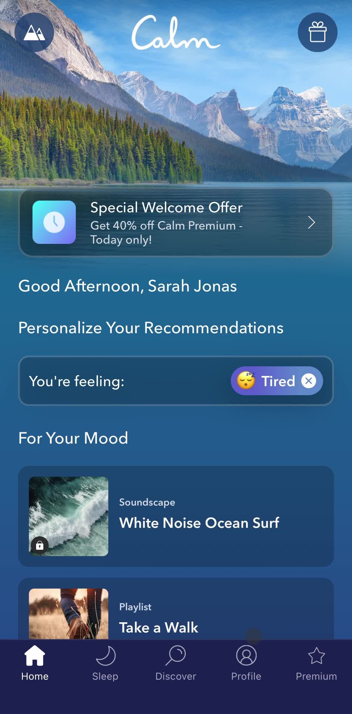 Calm Home screen in the Updating Your Profile flow