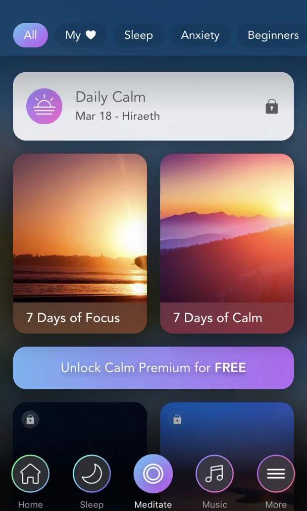 Calm Meditation playlists screen in the Upgrading Your Account flow