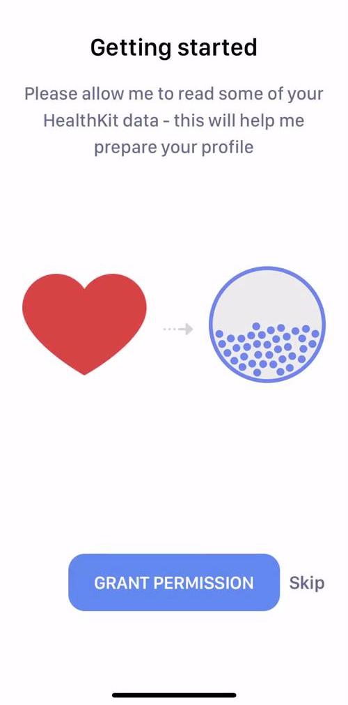 Calory Get health data permissions screen in the Onboarding flow