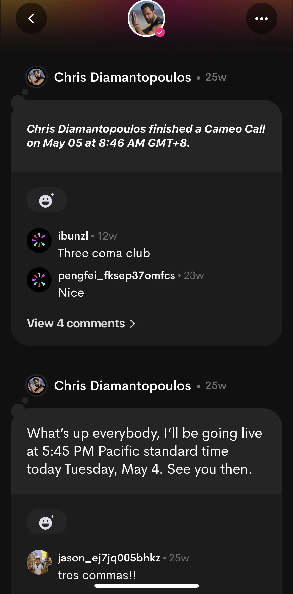 Cameo Screen screen in the Commenting in fan club flow