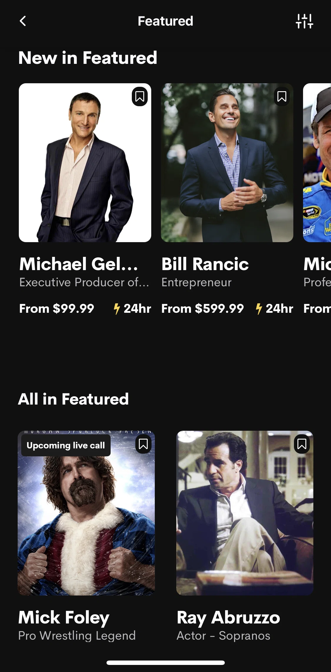 Cameo Screen screen in the Filtering featured celebrities flow