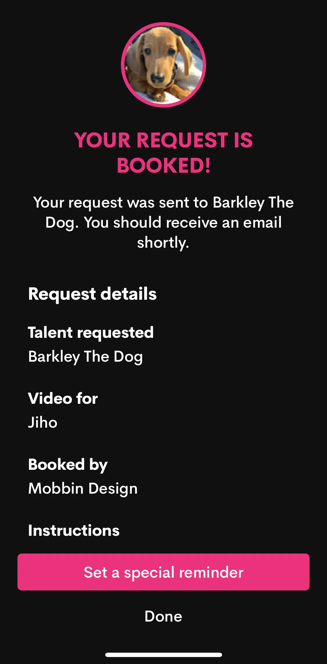 Cameo Screen screen in the Setting a special reminder flow