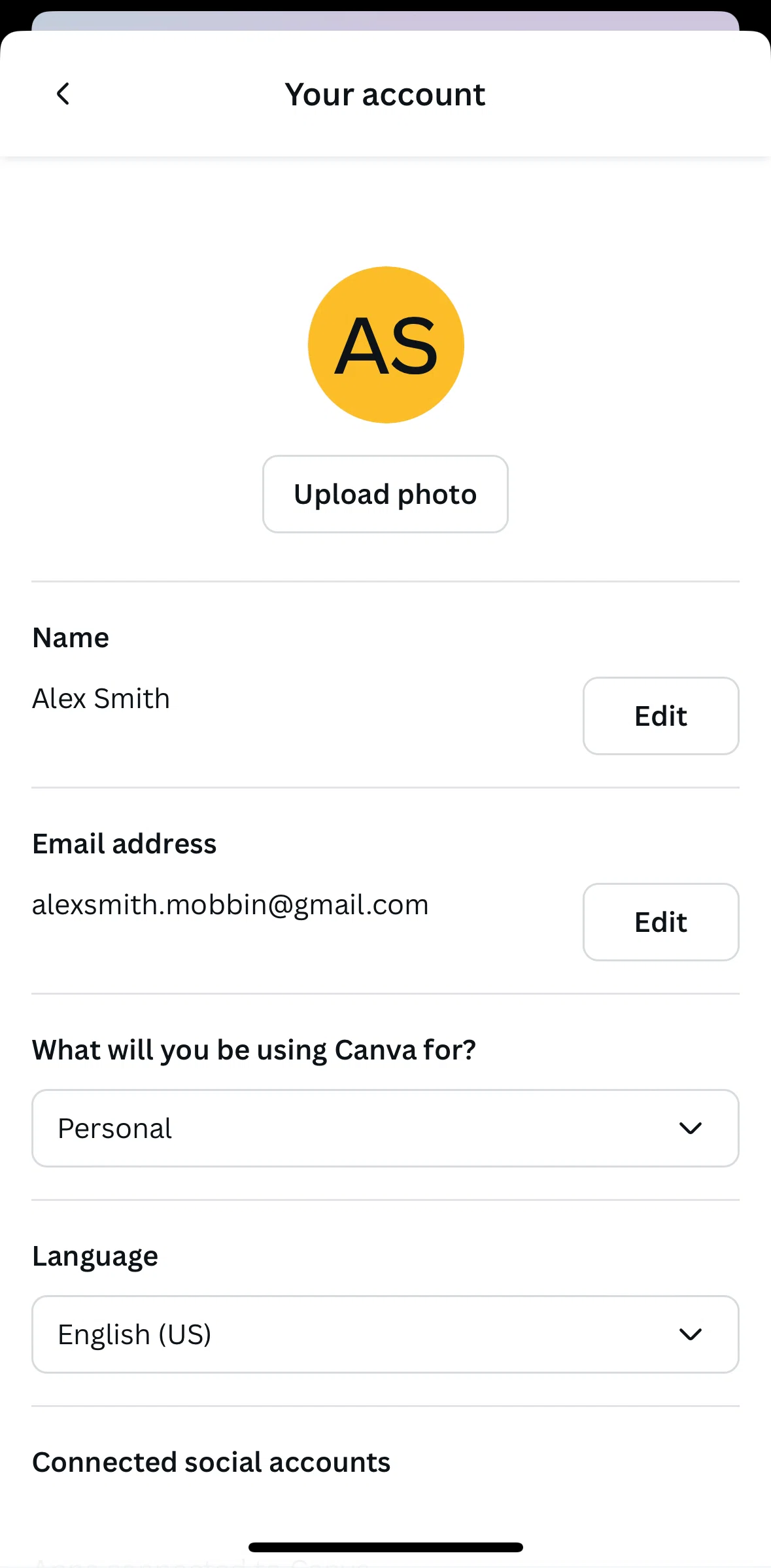 Canva Screen screen in the Adding a profile picture flow