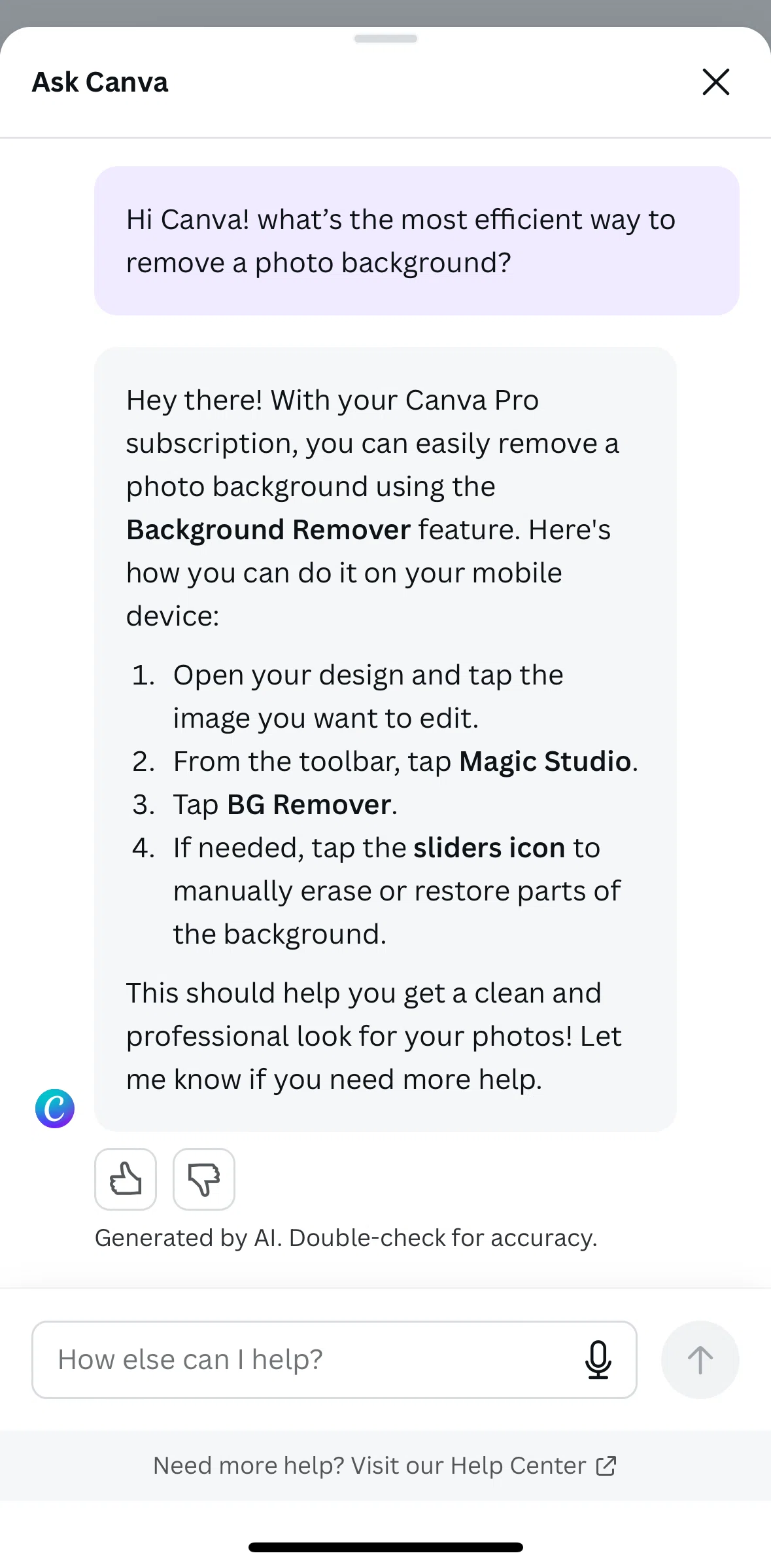 Canva Screen screen in the Asking Canva with voice input flow